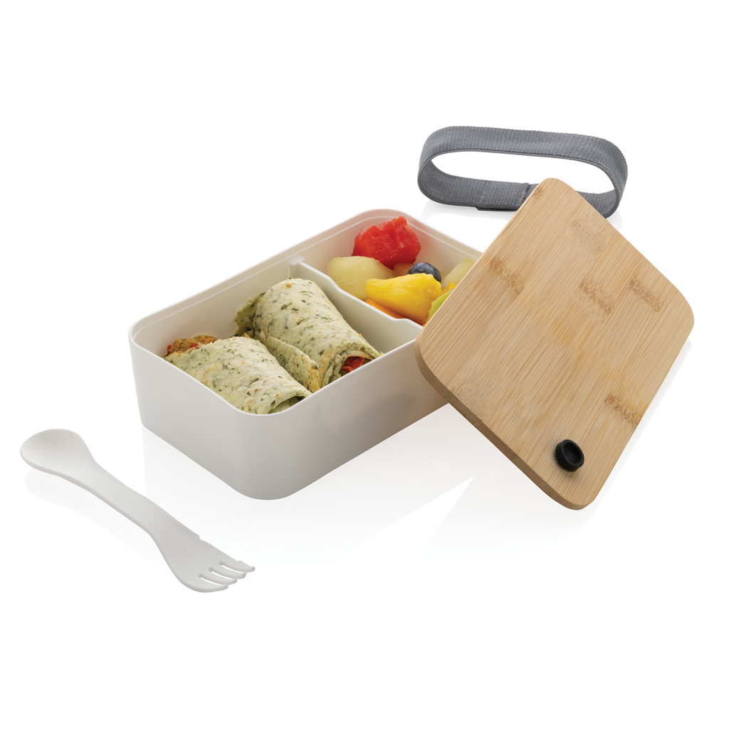 Mittagessen, Mahlzeit, Besteck, Gabel, Erste Hilfe, Lunchbox, Nahrungsbehälter, Kräuter-Wraps, Obststücke, Löffel-Set, Lunchbox, Bento, Holzdeckel, Geteilte Fächer, Klappgriff,  lunchbox, divided box, plastic container, wooden lid, spork