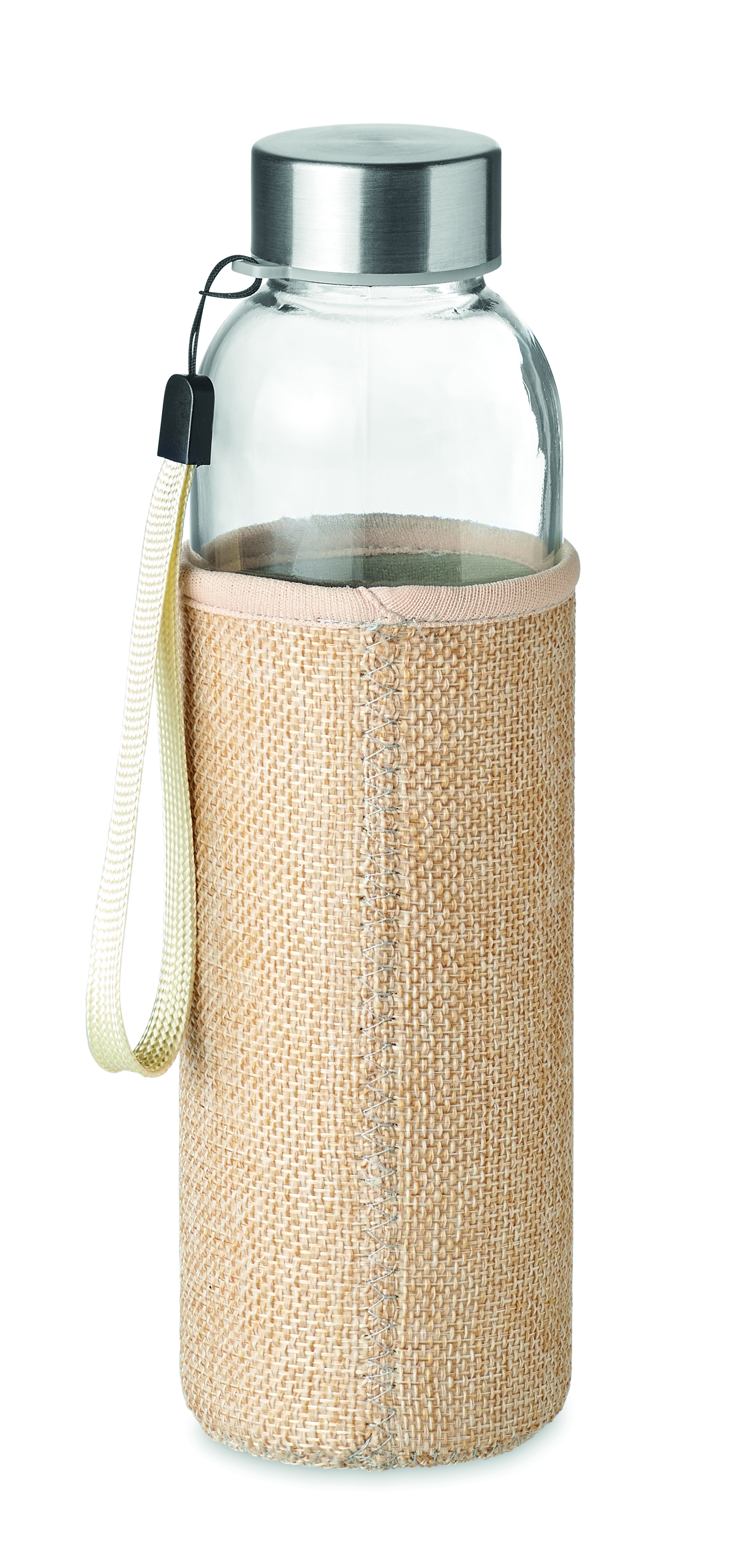 Wasserflasche, Glasflasche, Strohhaltertasche, Jutestoffhülle, Lanyard