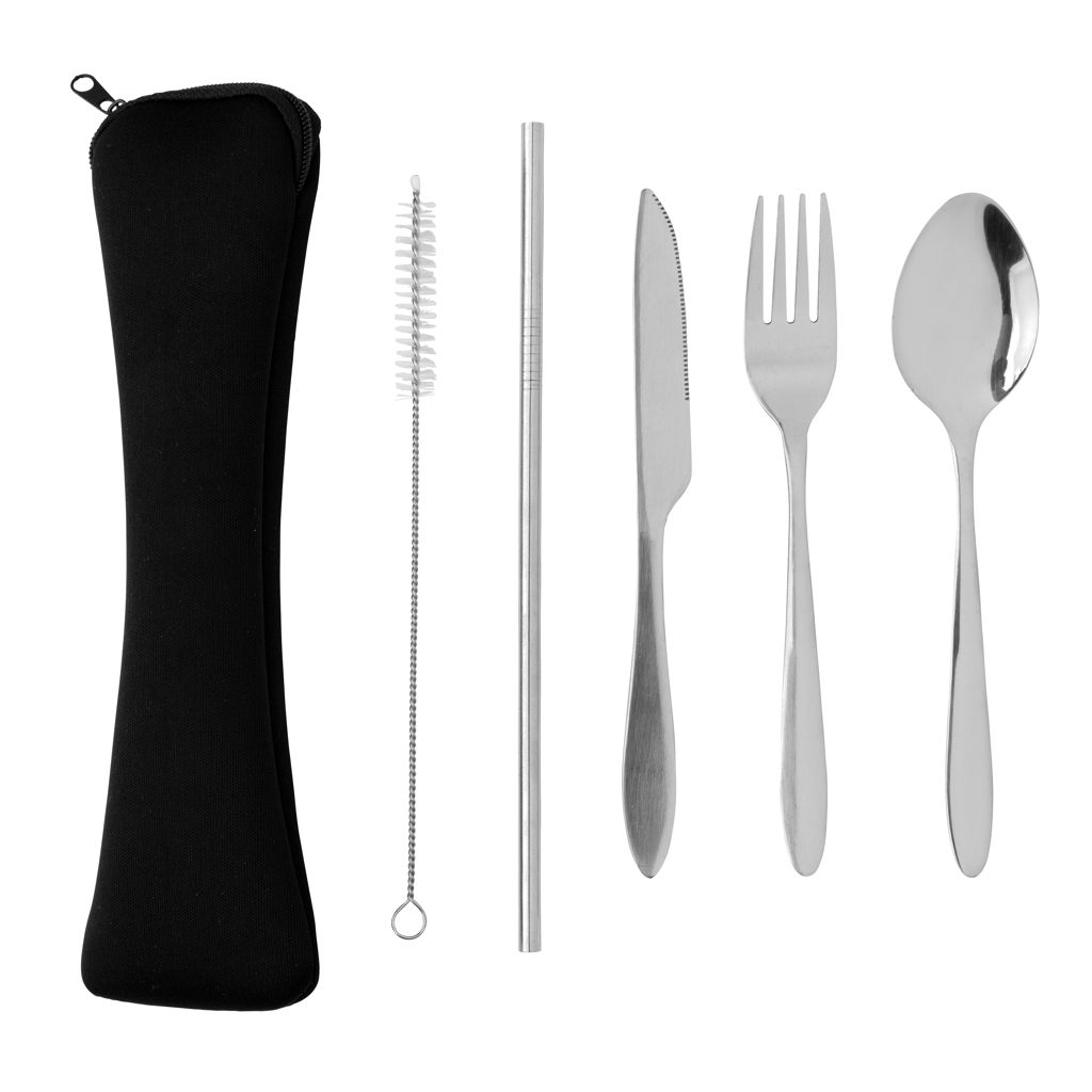 Besteck, Gabel, Löffel, Trinkhalter, Strohhalm, Bürste, Stahlservierbesteck, Sammelbesteck-Set, Trinkhalm-Set, Strohhalm, Besteckset, Reinigungsbürste, Transporttasche, Trinkhaltere, Strohhalm-Set, Stahlbesteck, Kompakt-Set, Garnitur-Kit