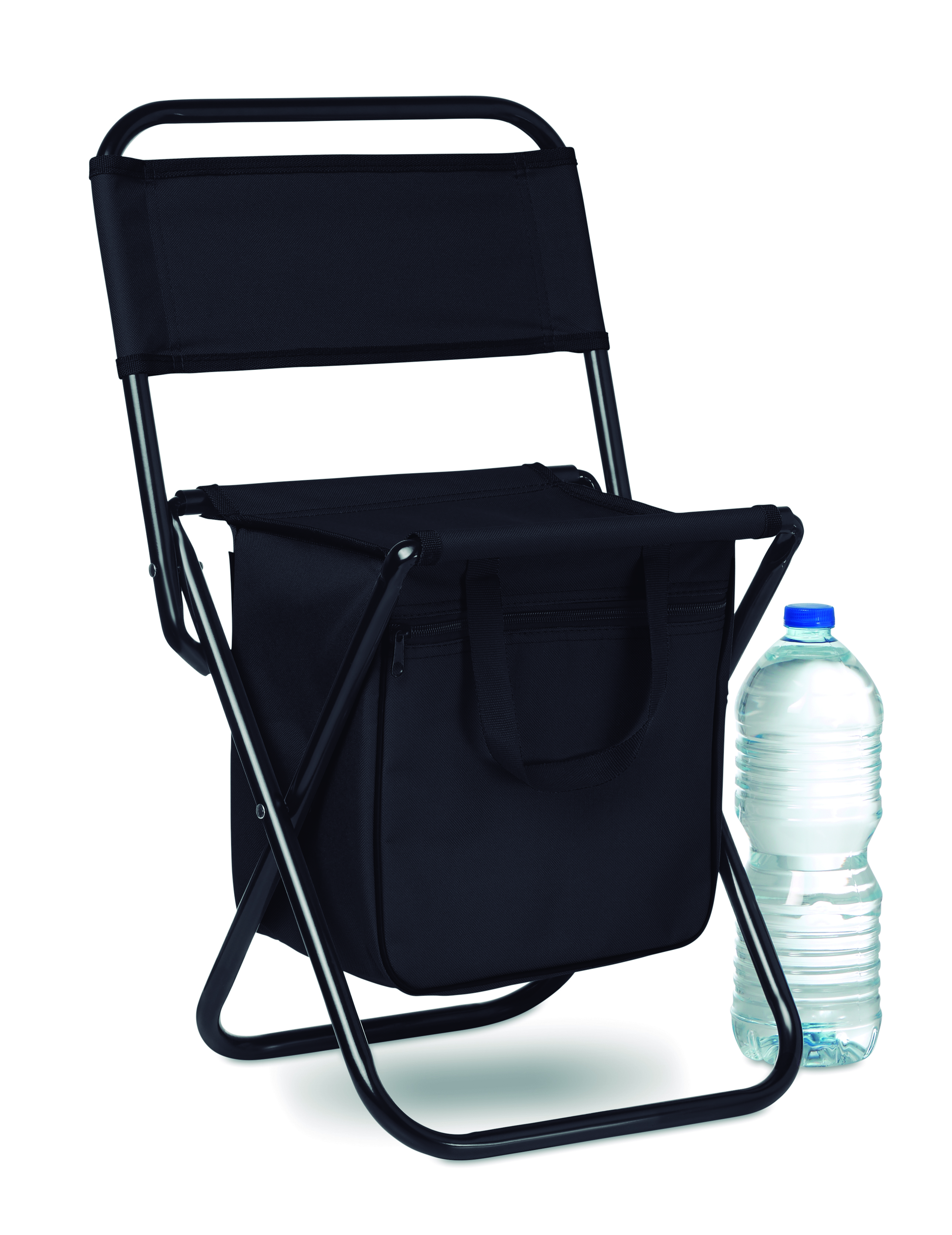 Klappstuhl, Klappstuhl mit Tasche, Tragetasche, Faltstuhl, Wasserflasche als Größenvergleich