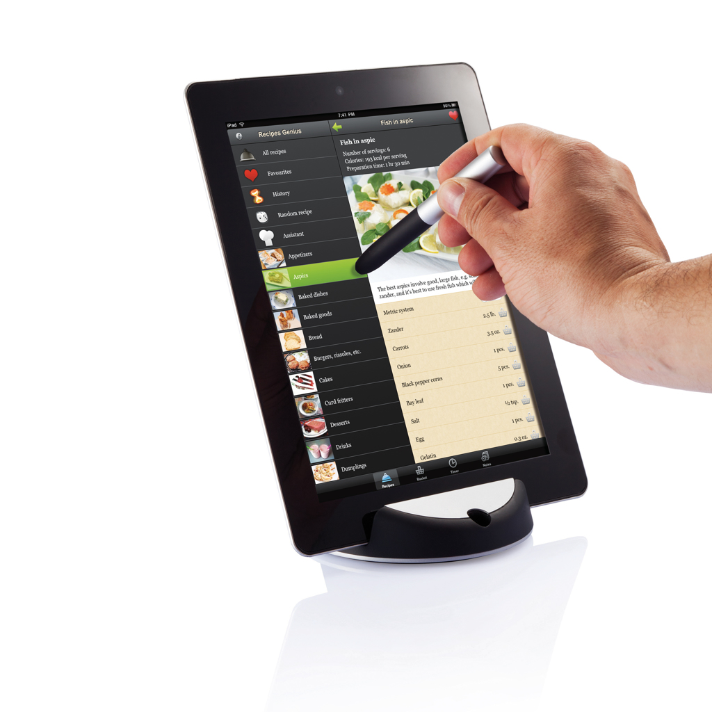Computer, Elektronik, Tablet-Computer, Tablet, Tablet-Halter, Stift, Touchscreen, Rezepten-App, Tablet-Ständer, Touchscreen-Tablet, digitales Rezept-Tablet, iPad-App, Handheld-Gerät, Tablet, Touchscreen, App, Cookbook, Recipe tablet