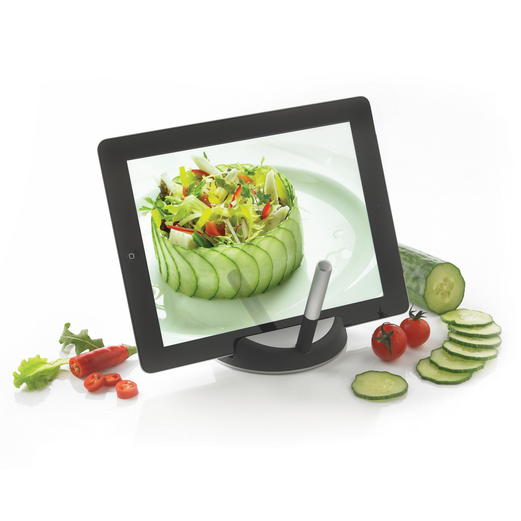 Gurke, Essen, Pflanze, Produzieren, Gemüse, Tablet Monitor, Digital Photo Frame, Gurkensalat Anzeige, Ständer, Gemüse rundherum, tablet, monitor, digital display, vegetable slicer, kitchen gadget, tablet, monitor, küche, salat, gemüse