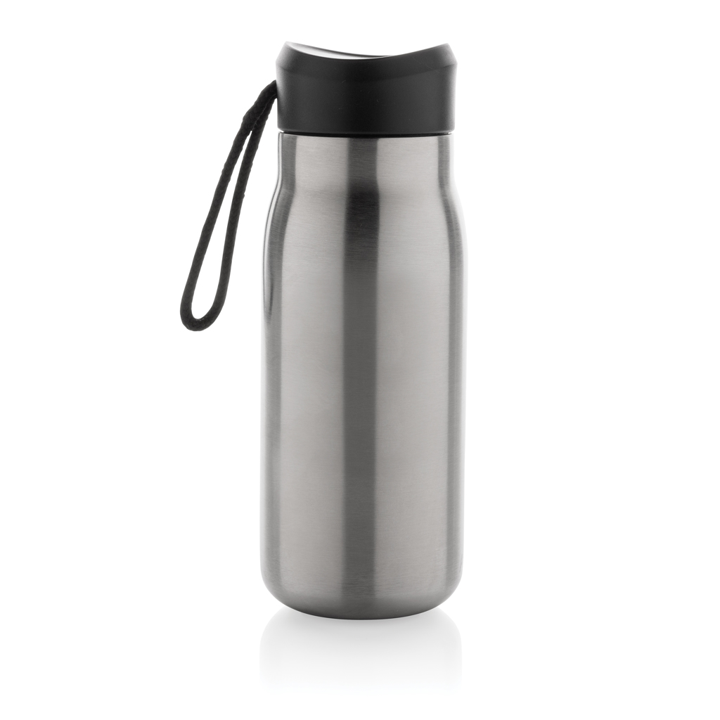 Trinkflasche, Stainless Steel, Metallic, Wasserflasche, Kautschukgriffel, Trinkflasche, Wasserflasche, Edelstahl, Schwarz, Trageband, Isolierflasche, Trinkflasche, Edelstahl, Schwarz, Tragelasche