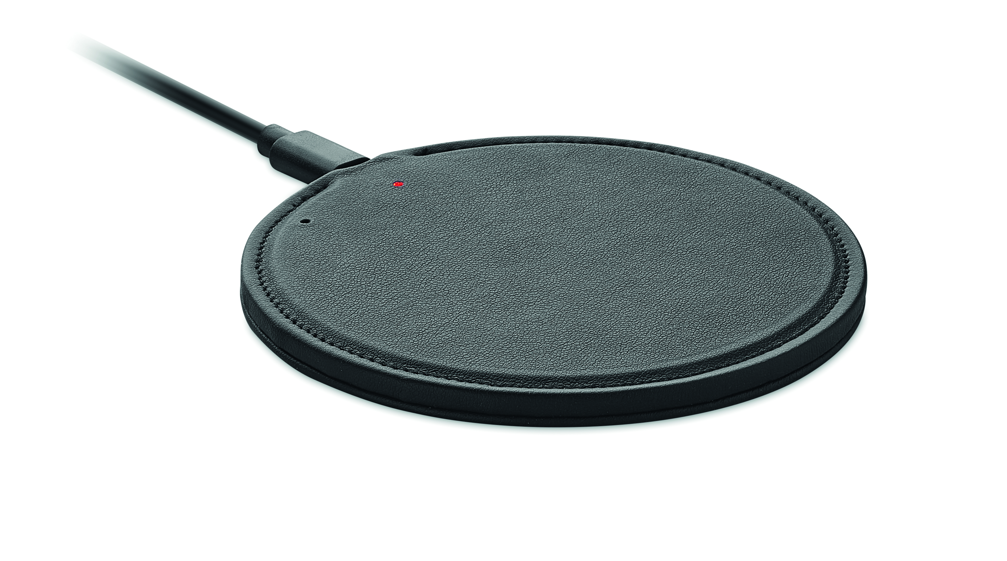 rundeweise, drahtlos, ladepad, mikrofone, telefon, induktionsladegerät, kabelloses ladegerät, runder disc, schwarz, USB-C, Rundown, kabelloses Ladegerät, runder Pad, Ledertextur, USB-C Kabel