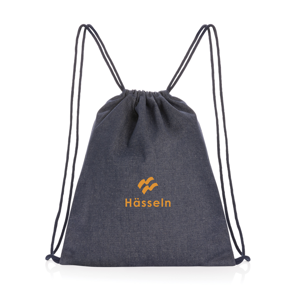 Drawstring-Tasche, Rucksack, Canvas-Beutel, dunkles Denim, Kordelbeutel, Drawstring Tasche,  Jeansbeutel,  Drawstring Beutel,  kleine Tasche,  oranges Logo, Beutel, Drawstring Bag, Jeansblau, Logo, Kordelzug
