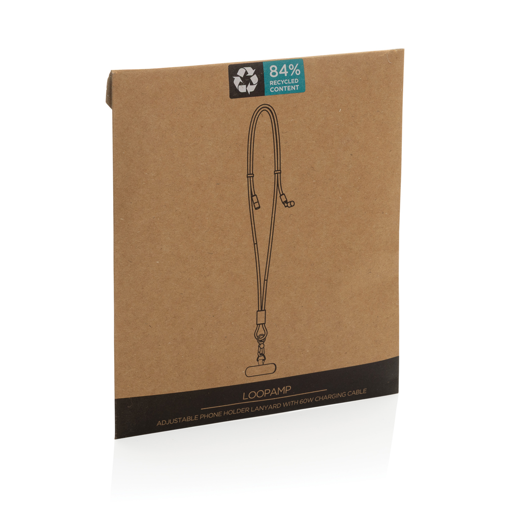 Kiste, Karton, Loophamp, Lanyard, Telefonhalter, Ladekabel, 60W Ladegerät, Loopamp, Lanyard, Handyländer, Kabel, 60W Ladegerät, Lanyard, Phone holder, Ladekabel, recycelte Box, Loopamp