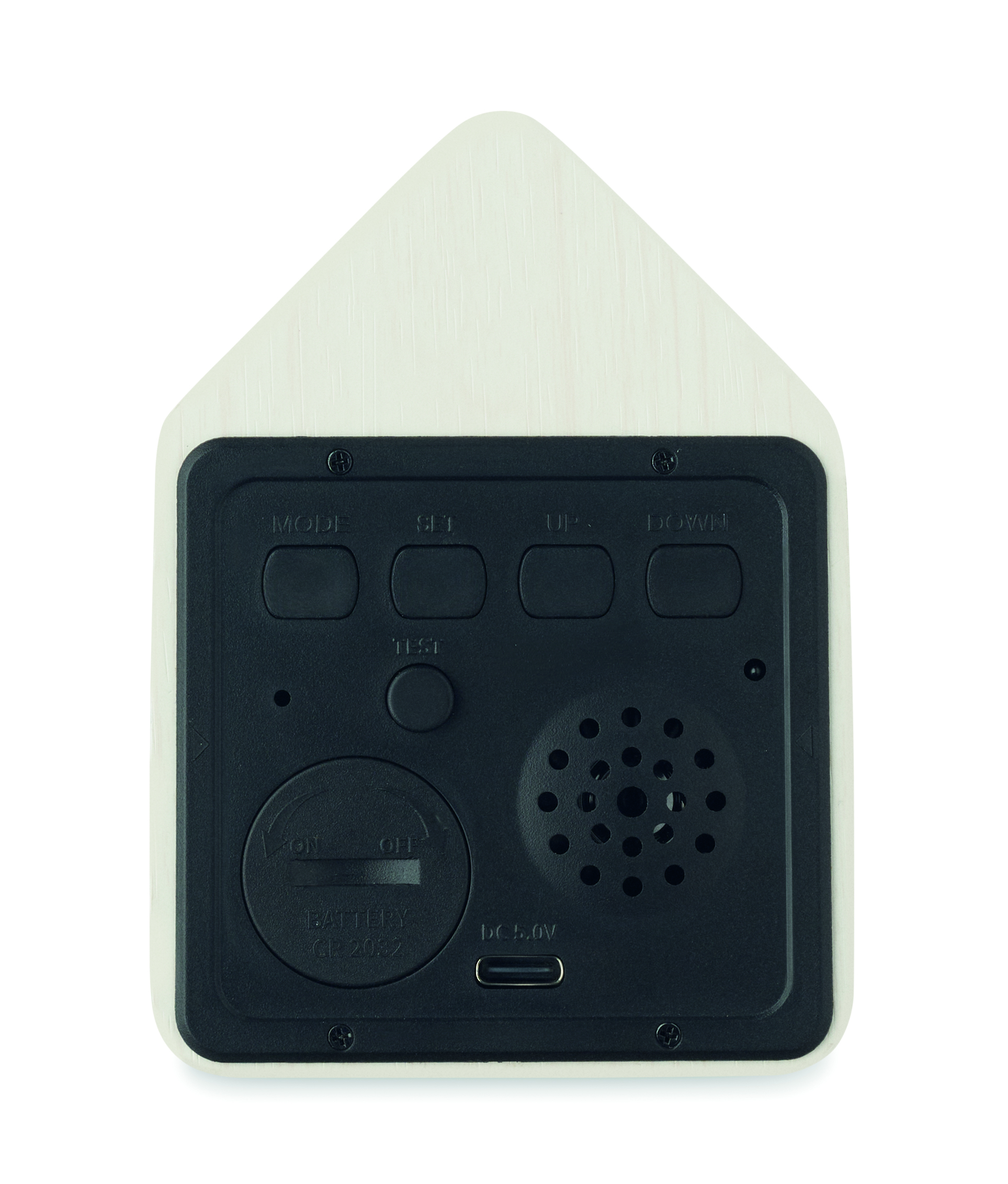 electronisches Gerät, Wecker, USB-C-Anschluss, Batteriefach, Bedienelemente, digitaluhr, batterie, usb, lautsprecher, tasten