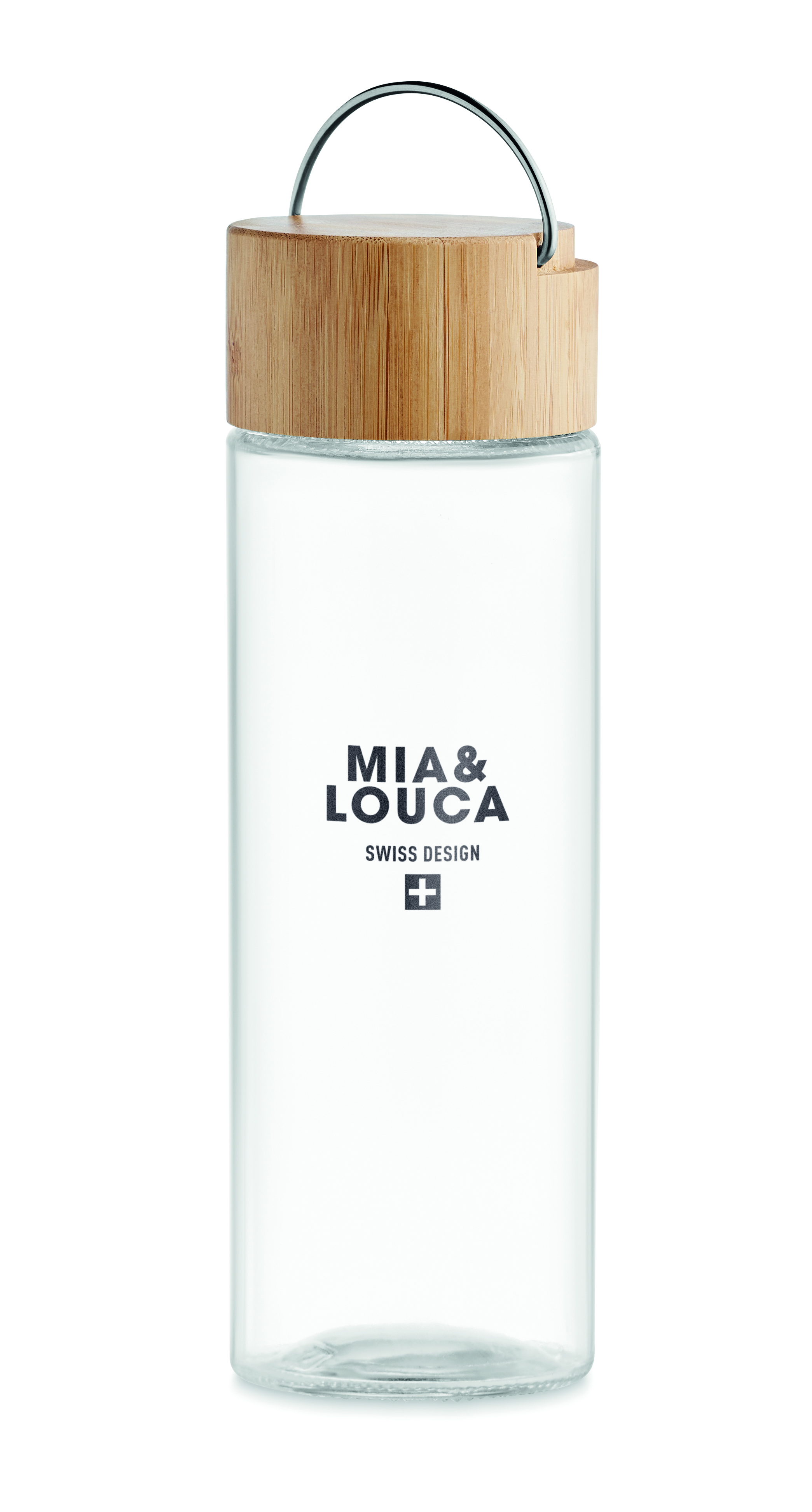 Wasserflasche, Glasflasche, Holzdeckel, Trage-Schlaufe, klare Glasflasche