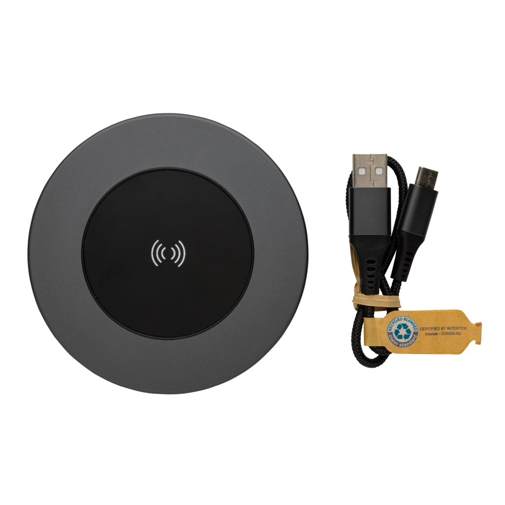 Elektronik, Hardware, induktionsladegerät, kabelloses ladepad, runde ladestation, USB-C, Qi-ladegerät, Induktionsladegerät, kabelloses Ladegerät, Ladepad, USB-C Kabel, grauer runder Pad, Ladegerät, Qi-Ladegerät, Induktives Laden, Rund, USB-C/USB-A Kabel