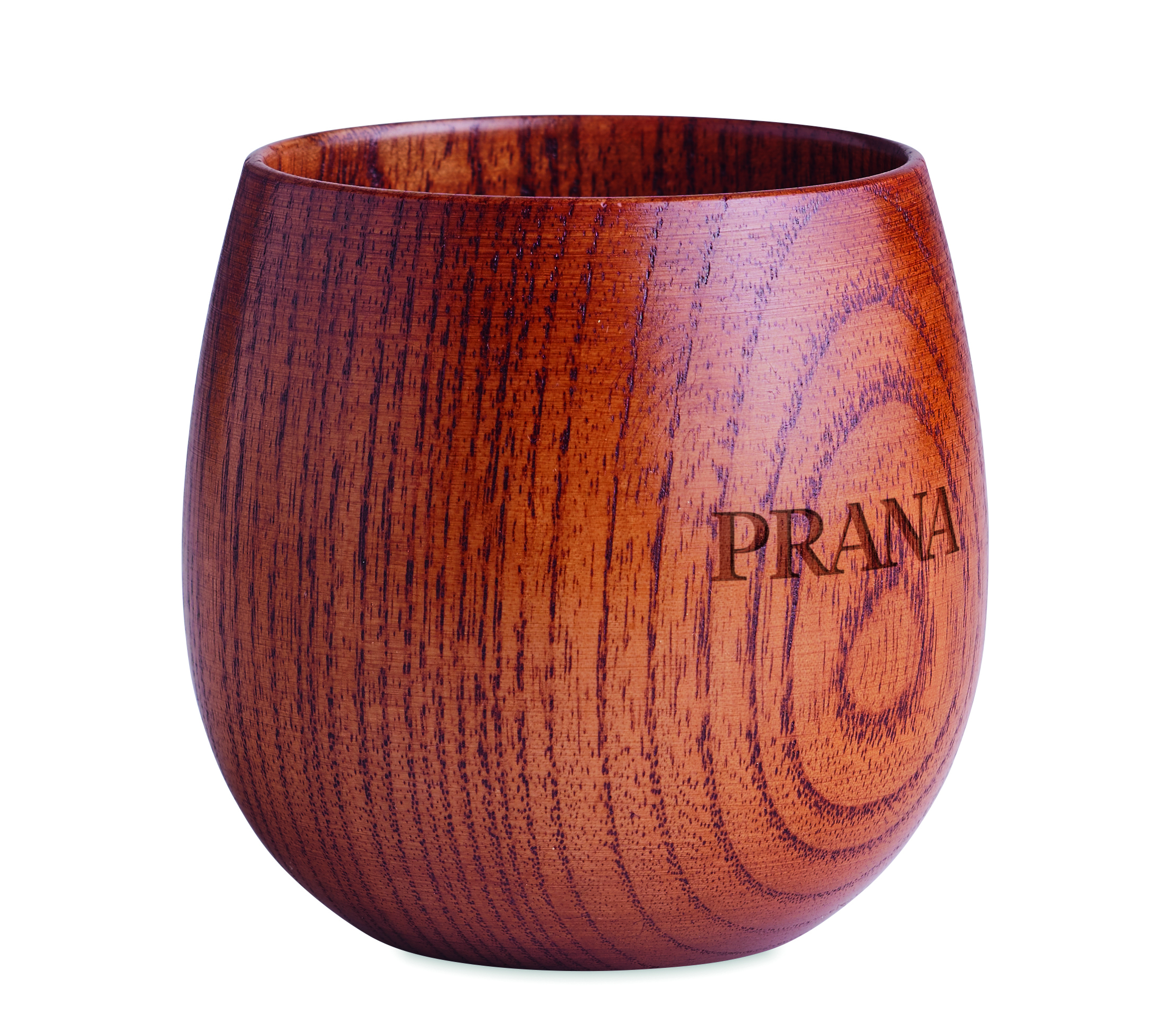 Holzbecher, Standbecher, Gußtasse, Holzoptik, Prana Markenlogo sichtbar