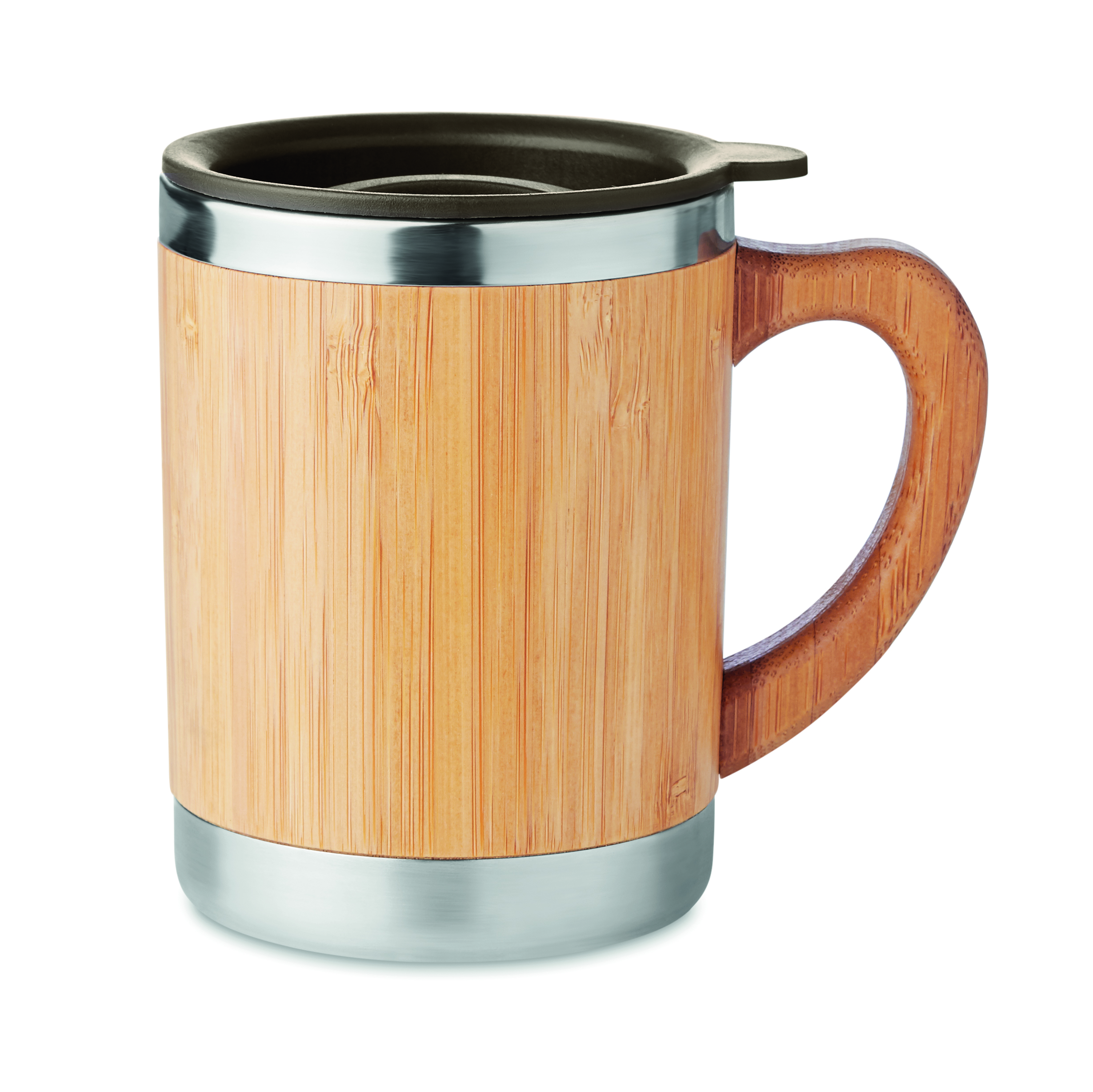 Tee oder Becher, Holzoptik, Trinkbecher, Metallrand, Griff aus Holz