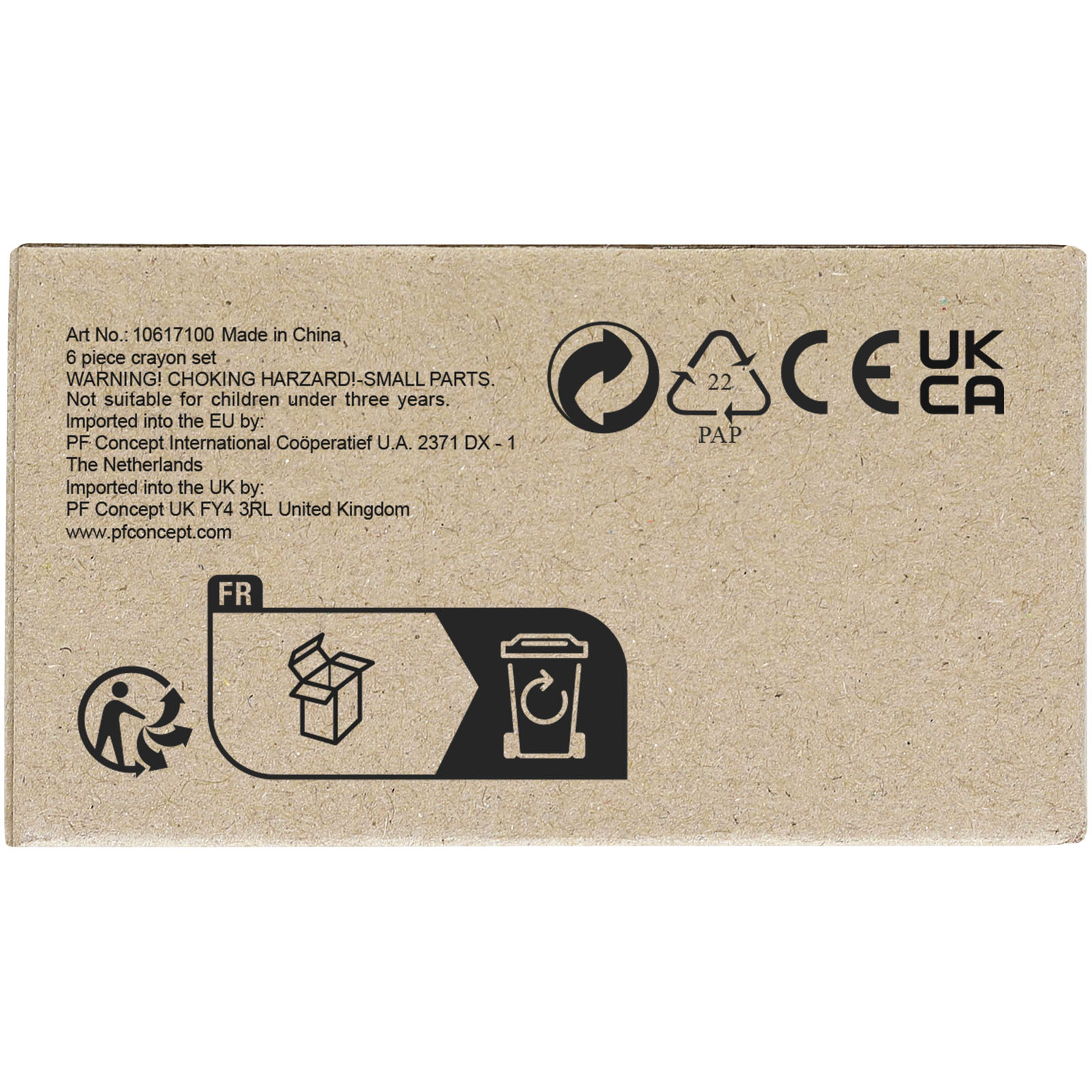 crayon set, 6 pieces, Kartonbox, Verpackung, UK CA Beschriftung, crayon‑set, 6‑piece, Kartonverpackung, Recyclingzeichen, Verpackungskennzeichnung, buntstiftset, holzbox, kartonverpackung, sechs stücke, künstlerbedarf