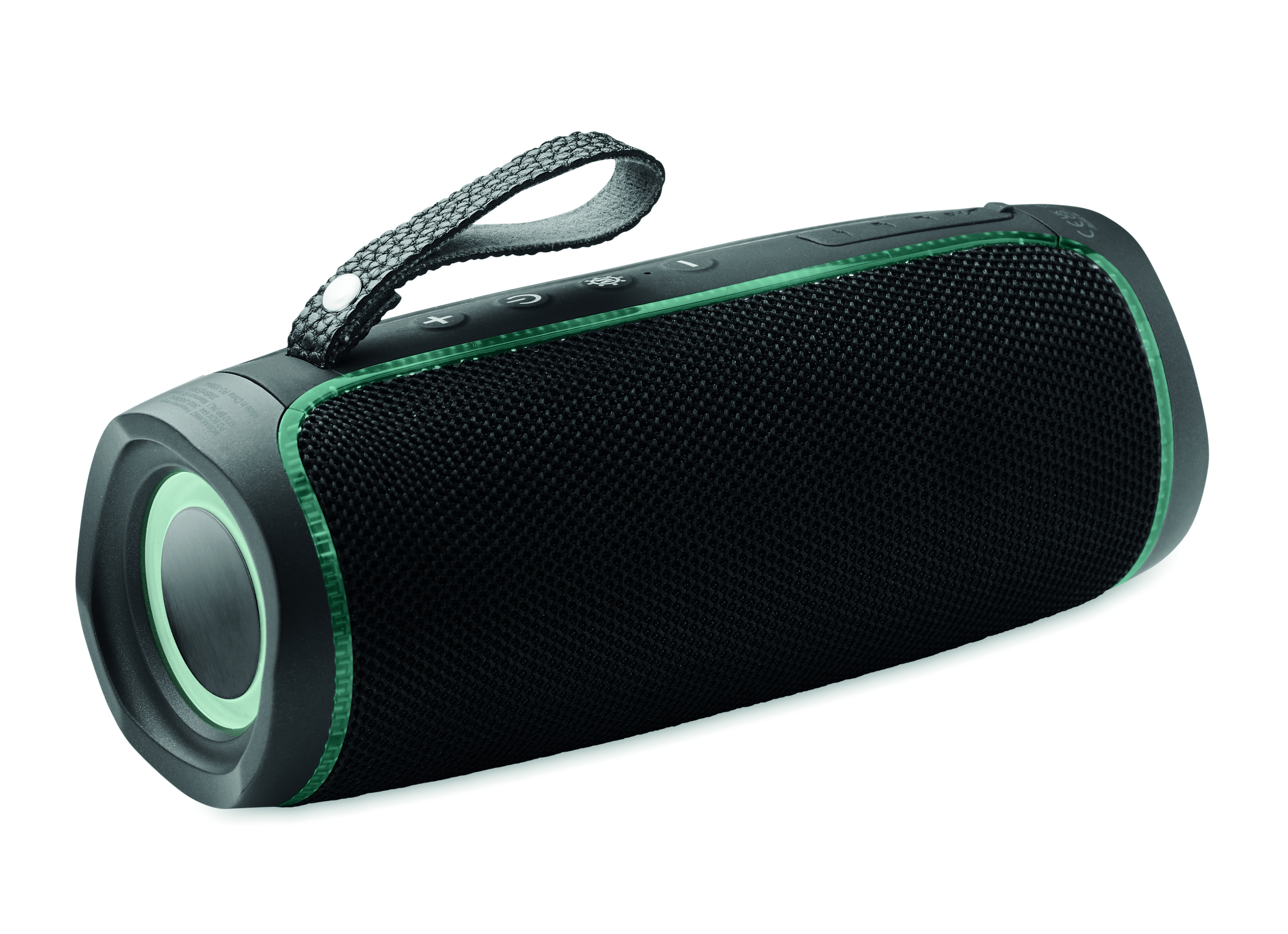 Bluetooth-Lautsprecher, tragbarer Lautsprecher, schwarzes Mesh, grüne Akzente, Karabiner-Halterung