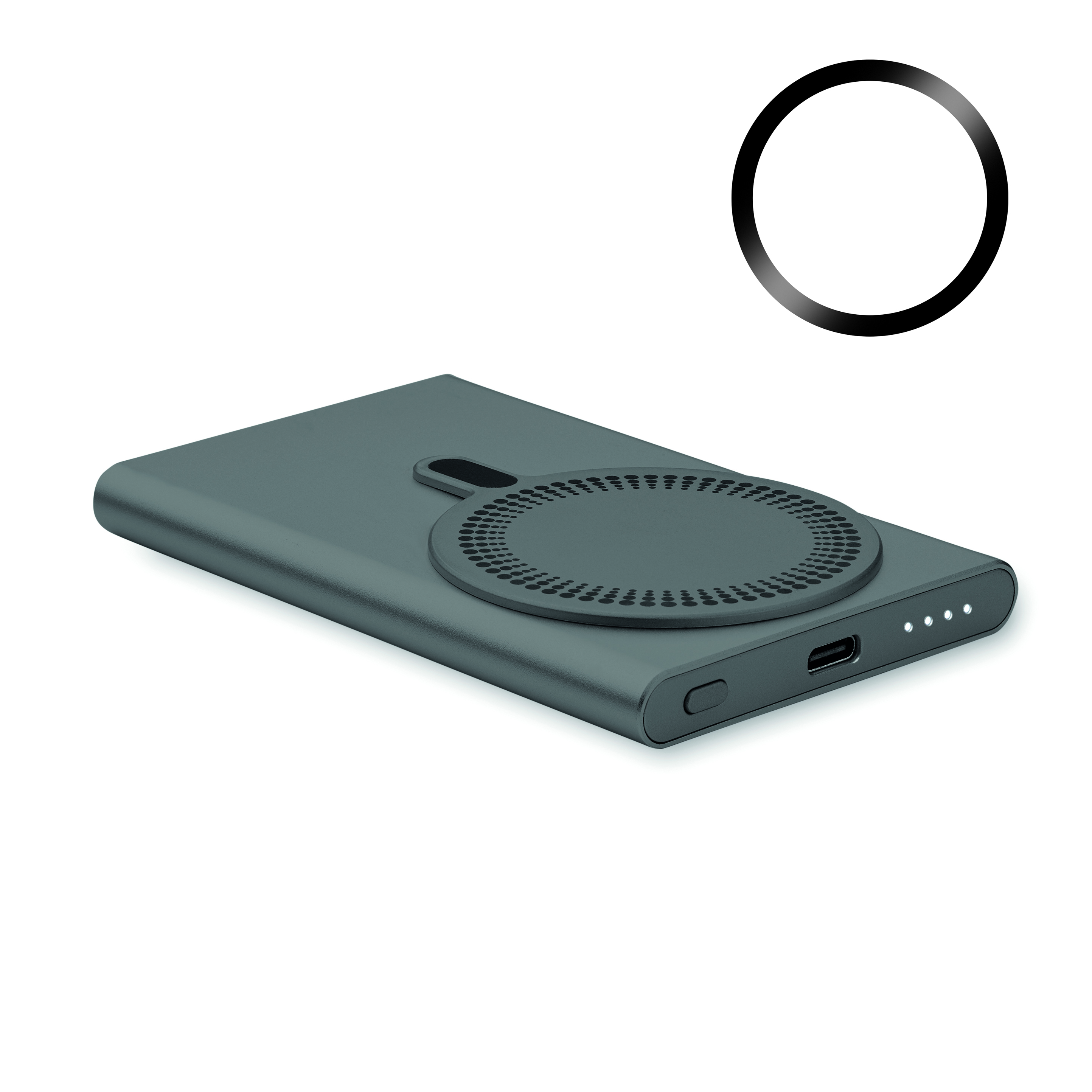 Powerbank, Kabelloses Ladegerät, Lautsprecher, Kreis Pad, Schlankes Design, Power bank, kabellose Ladestation, runder Pad, USB-C, LED-Anzeigen, handheld, Lautsprecher, kabellos, Ladefläche, Pad