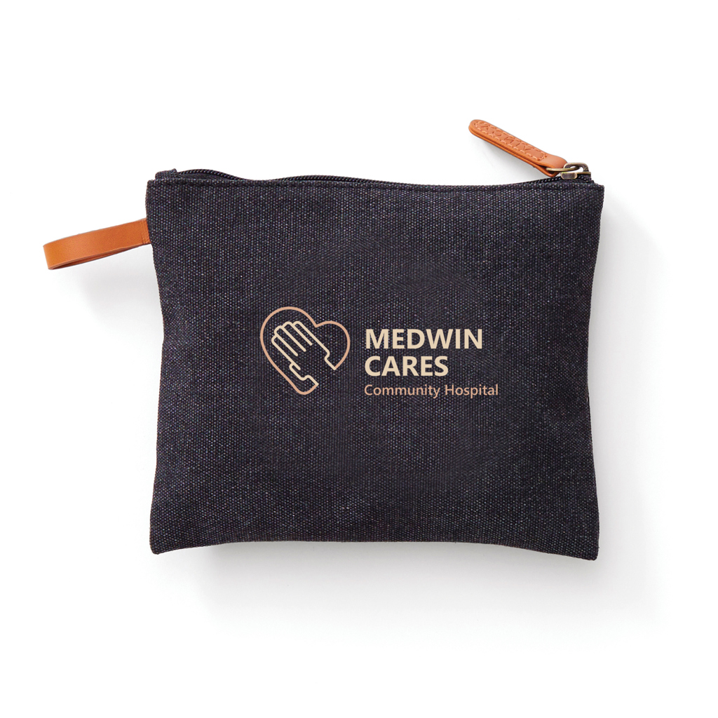 Zubehor, Tasche, Handtasche, Kleine Tasche, Pochette, Denim, Reißverschluss, Medwin Cares Logo, Beutel, Kosmetiktäschchen, Demin, Leder-Reißverschlusslasche, Logo-Druck, Pouch, Denim, Reißverschluss, Ledergriff, Logo