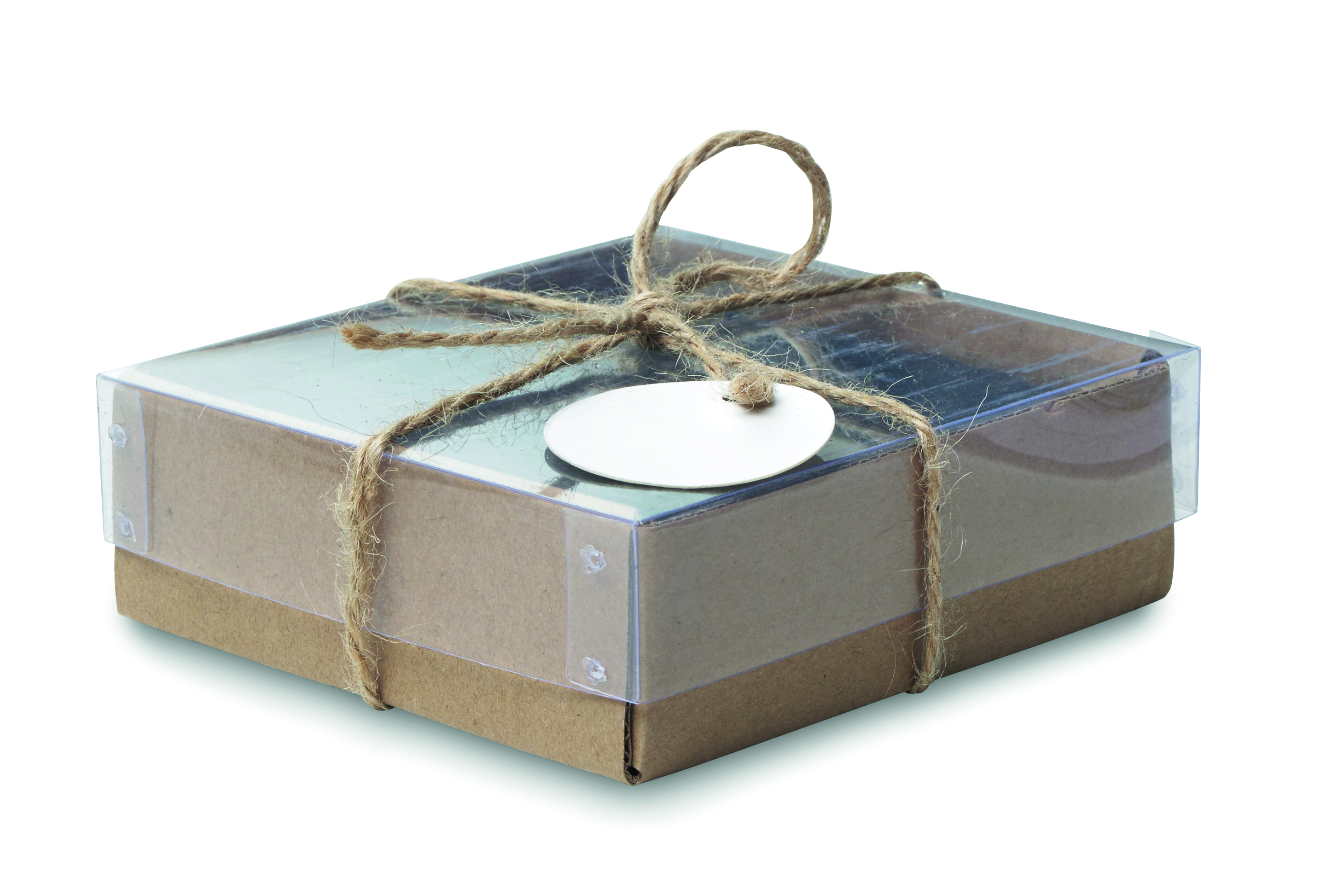 Geschenkverpackung, Kartonbox, Jute, Juteseil, Transparente Box