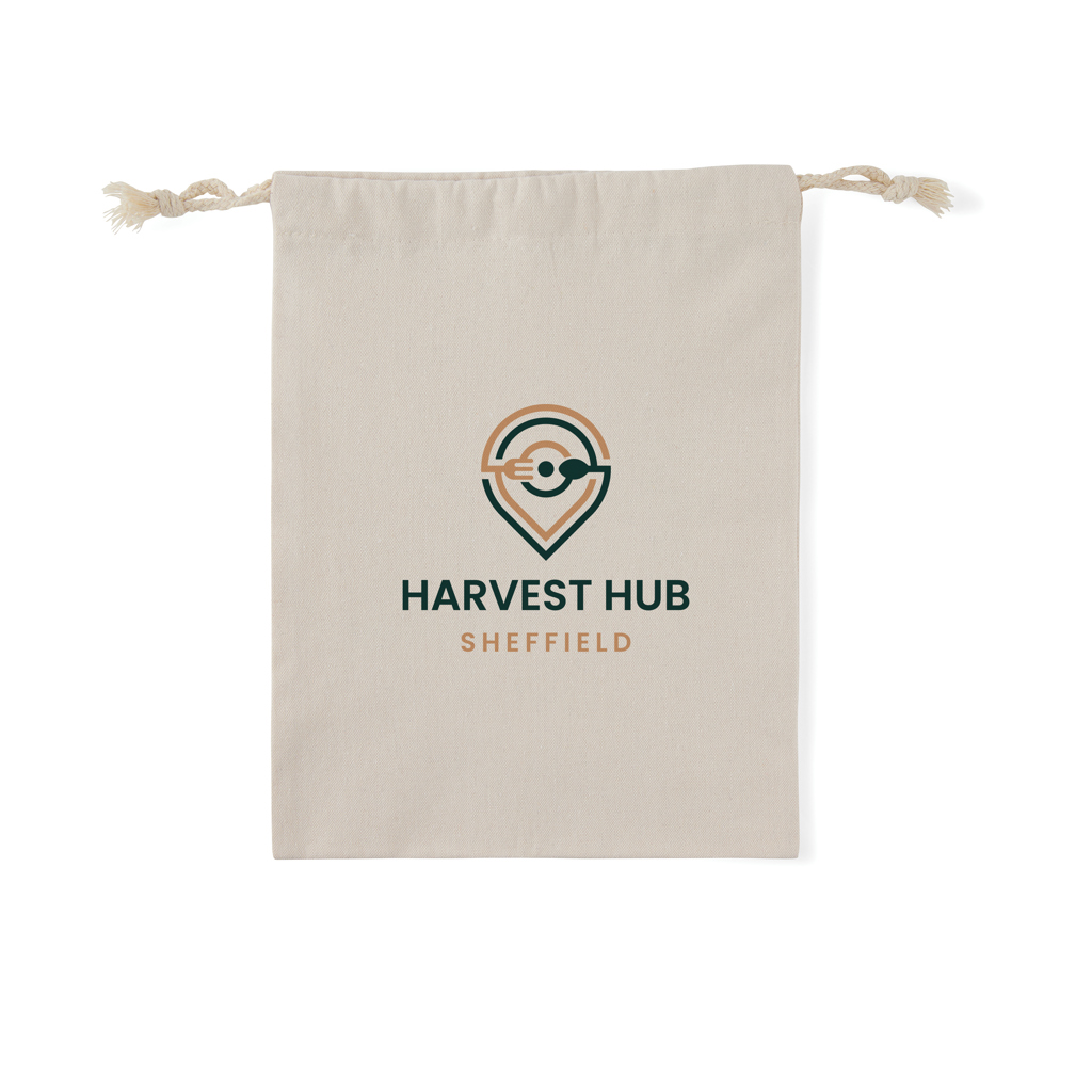 Canvasbeutel, Zippeltasche, Harvest Hub, Logo, Beutel, canvas bag, drawstring, logo, harvest hub, sheffield, Leinentasche, Beutel, Öko-Textil, Logo, Harvest Hub