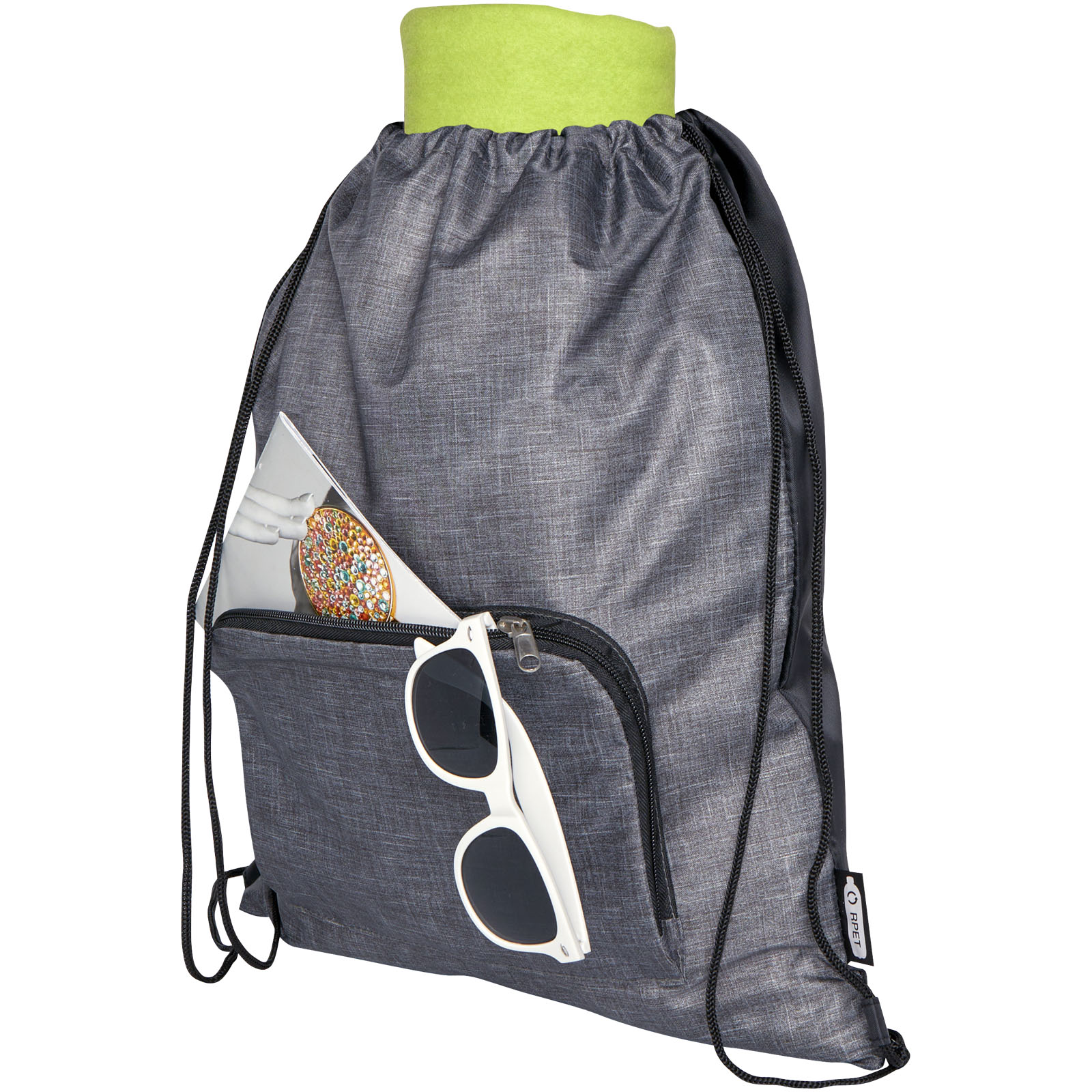 Rucksack, Drawstring bag, Front pocket, Sunglasses, Grocery/Water bottle holder