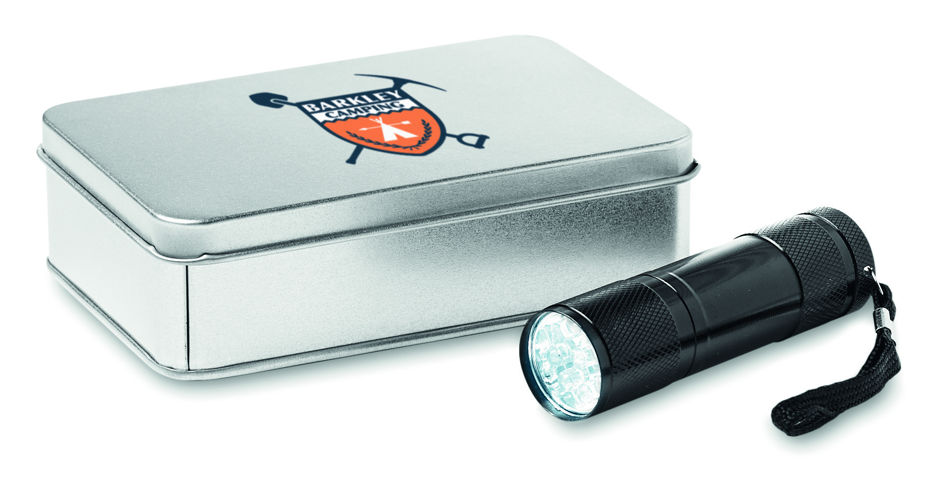Taschenlampe, LED, Camping, Metallbox, Schwarz, Taschenlampe, LED, Koffer, Taschenlampen-Set, Metalbox, Taschenlampe, LED, Metalldose, Camping Zubehör, Kofferbox, Taschenlampe, LED, Koffer-Set, Taschenlampe mit Halter, Metalldose