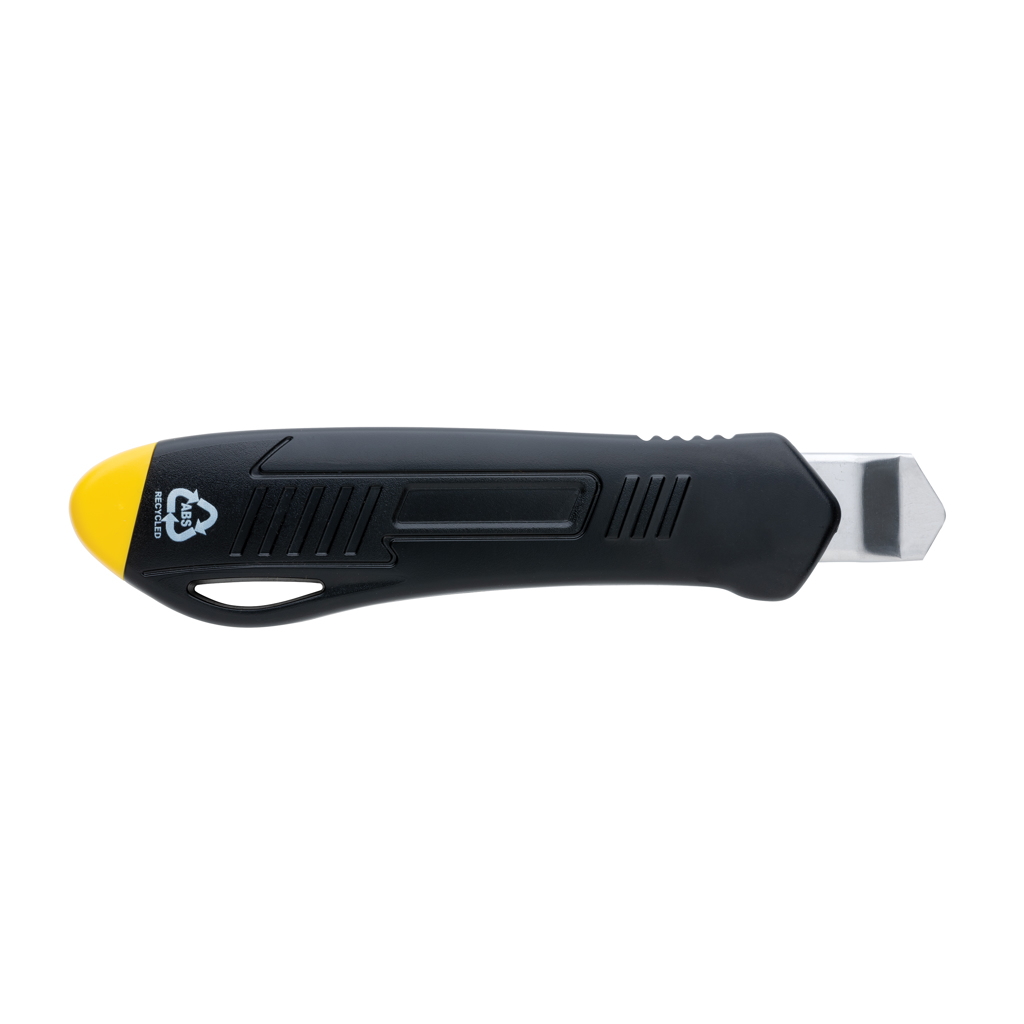 Klebemesser, Kartonmesser, Gummigriff, Einhandmesser, Kunststoffgriff, Utility knife, Box cutter, Retractable blade, Ergonomic handle, Yellow tip, Kunststoffmesser, Kühlmesser, Putzklinge, Schneidwerkzeug, Gaffer-Griff