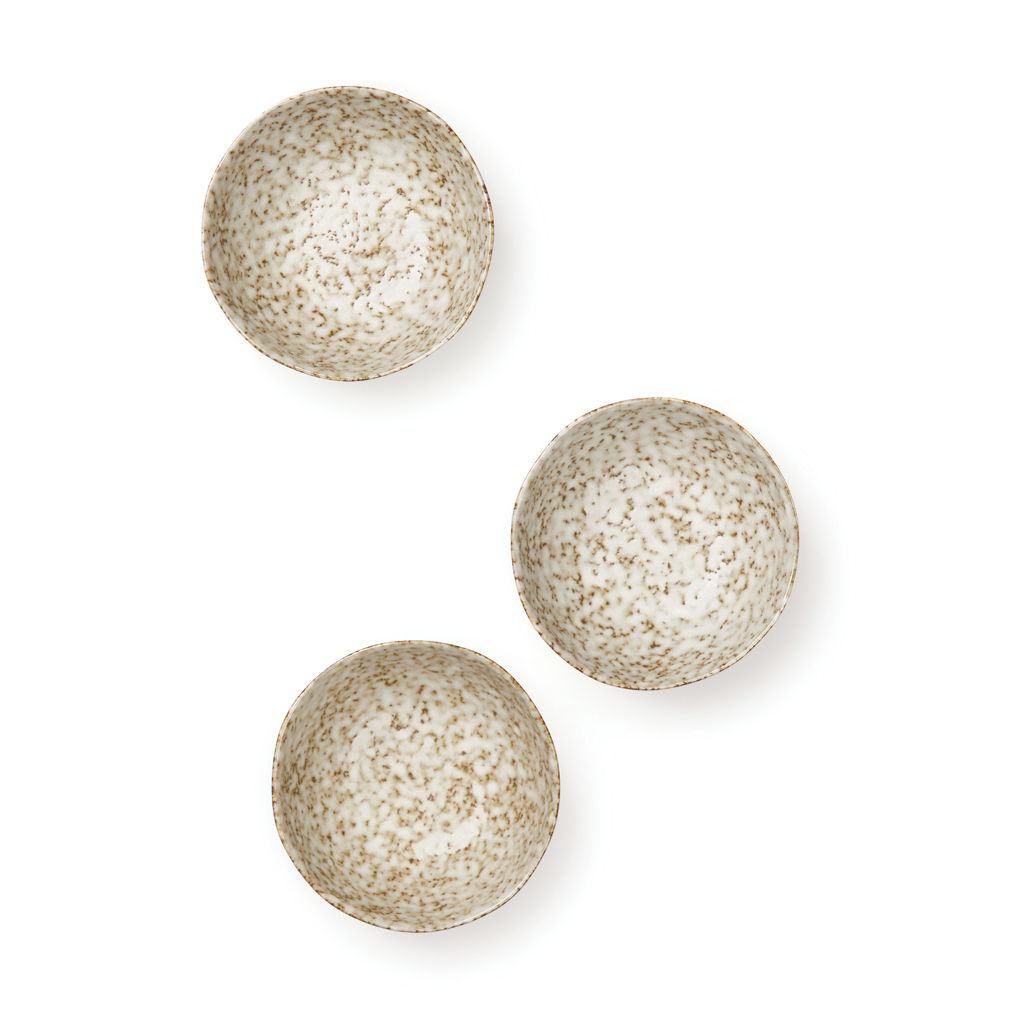 Schälchen, Schüssel, Keramik, gebändert, Muster, Keramikschalen, gesprenkelte Glasur, drei Schalen, handgefertigt, Geschirr, Keramikschalen, gestäubte Sprenkelung, Geschirr-Set, drei Schalen, hellbraun gestreift