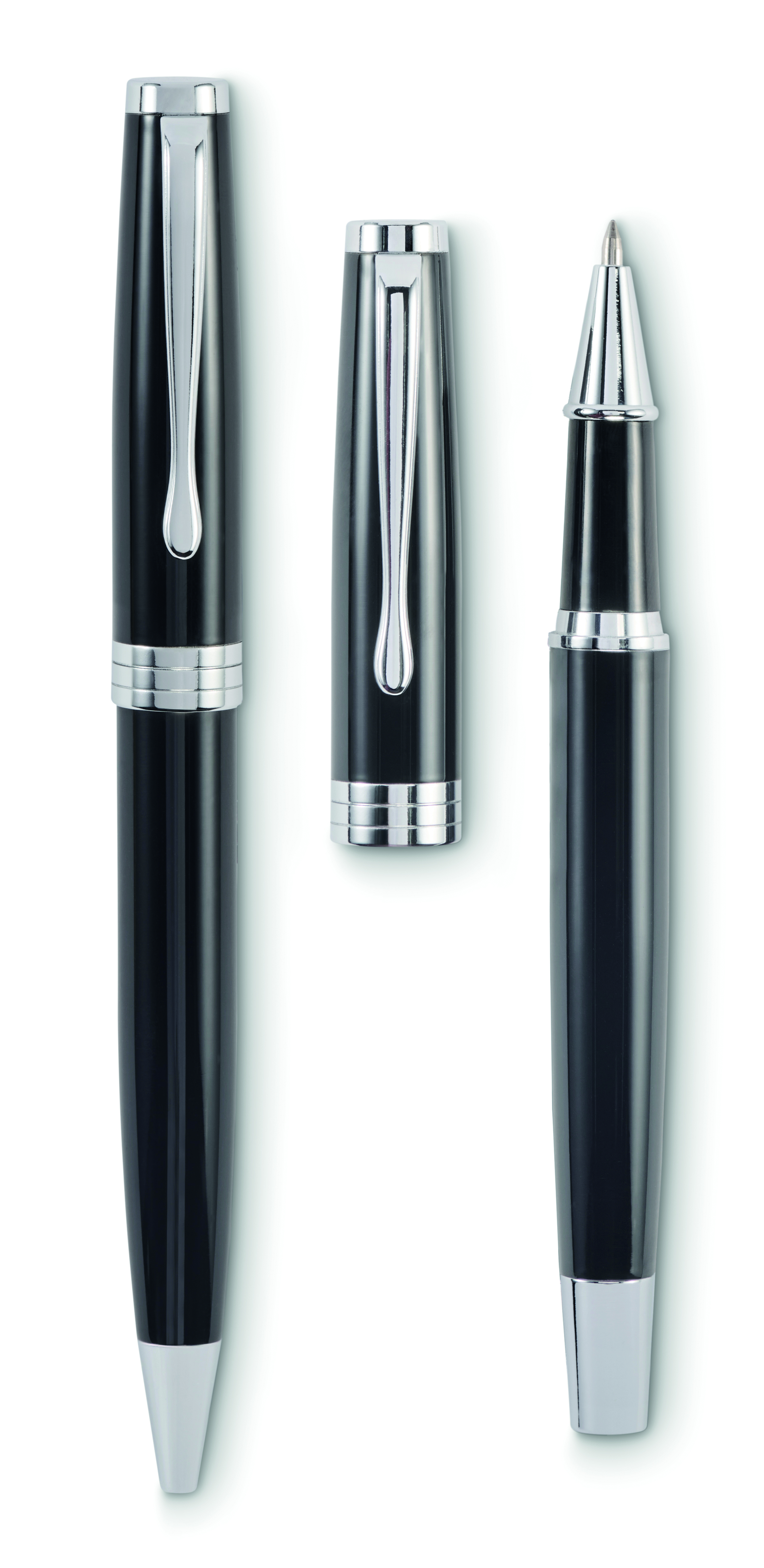 Kugelschreiber, Füllfederhalter, Schwarze Hülle, Metallverarbeitung, Kappe/Clip, füller, kugelschreiber, ballpoint, tintenroller, glanz, Kugelschreiber, Kappe offen, Spitze sichtbar, Schwarz, Metallverkleidung