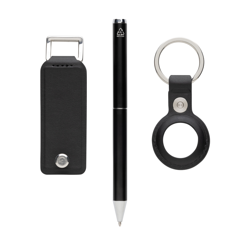 Stift, Schreibset, Keyring, Kugelschreiber, Ledergürtel-ähnlich, Stift, Schlüsselanhänger, Lederhülle, Kugelschreiber, Metallknopf, Stift, Schreibgerät, Schwarz, Lederriemen, Schlüsselanhänger