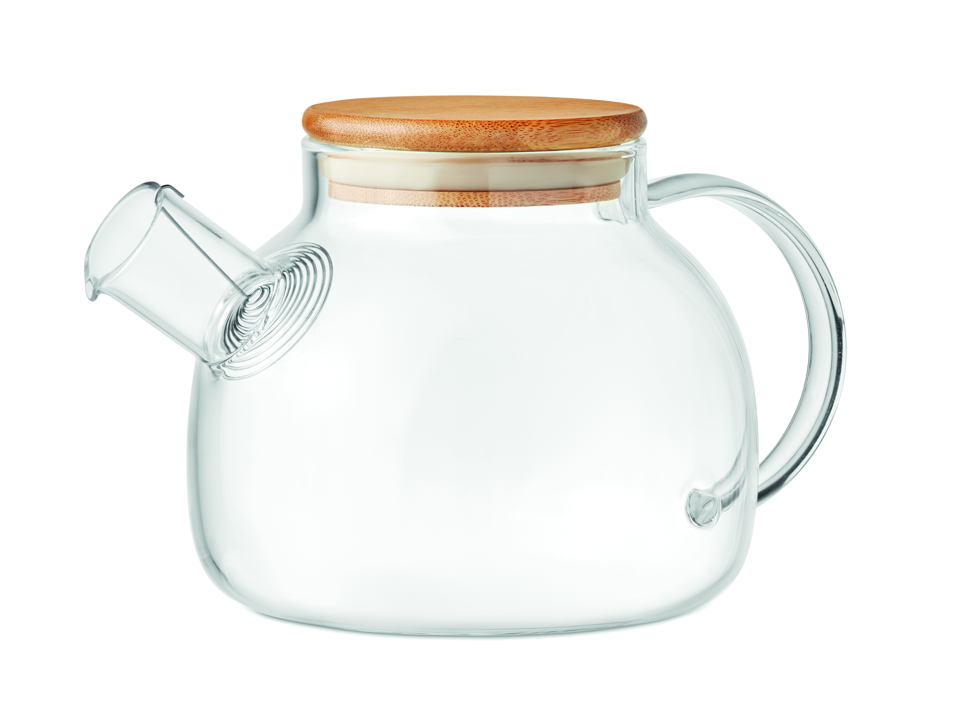 Glas-Teekanne, Ausguss, Holzdeckel, Griff, klare Glas