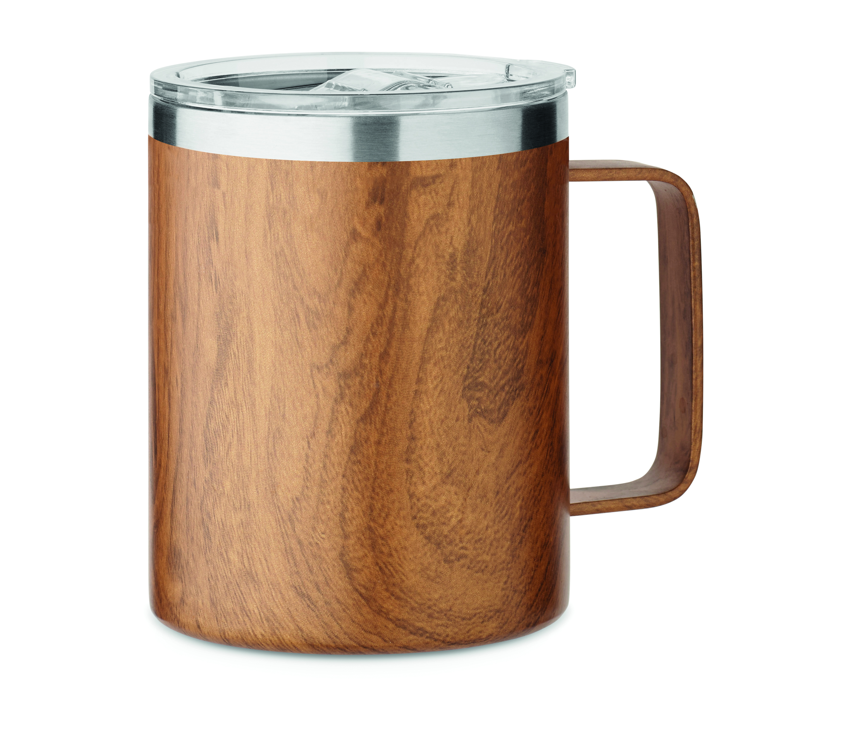 Kaffeebecher, Holzoptik, Stahlrand, Glaskuppel, Griff aus Holz