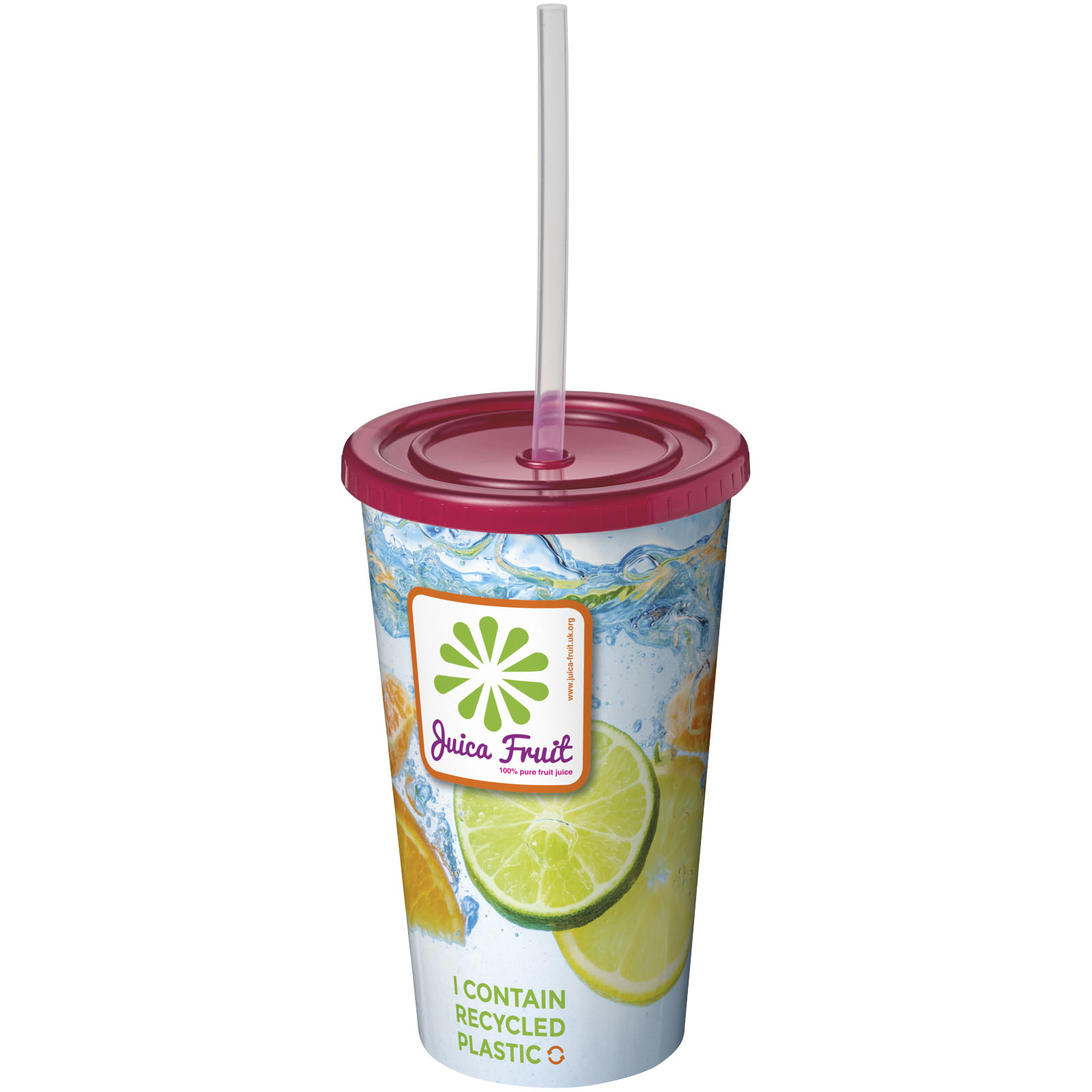 Becher, Strohhalm, Fruchtgetränk, Zitrus, Recyceltes Plastik, Becher, Trinkbecher, Strohhalm, Zitrusfrucht, Kunststoffbecher, Plasticbecher, Trinkbecher, Strohhalm, Fruchtsaft, recyceltes Plastik