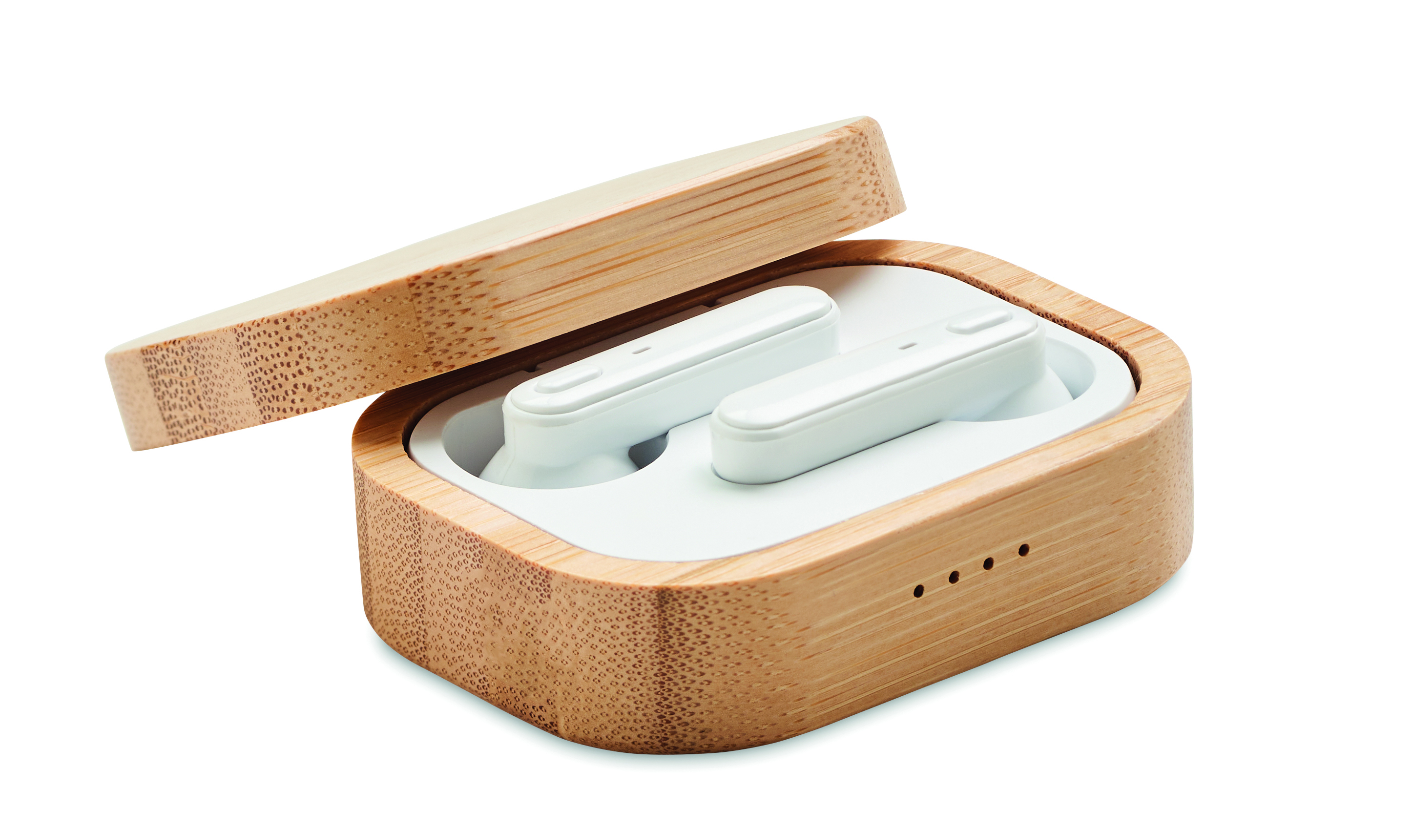 Kopfhörer, True Wireless, Ladecase, Holzboden, Holzkästchen