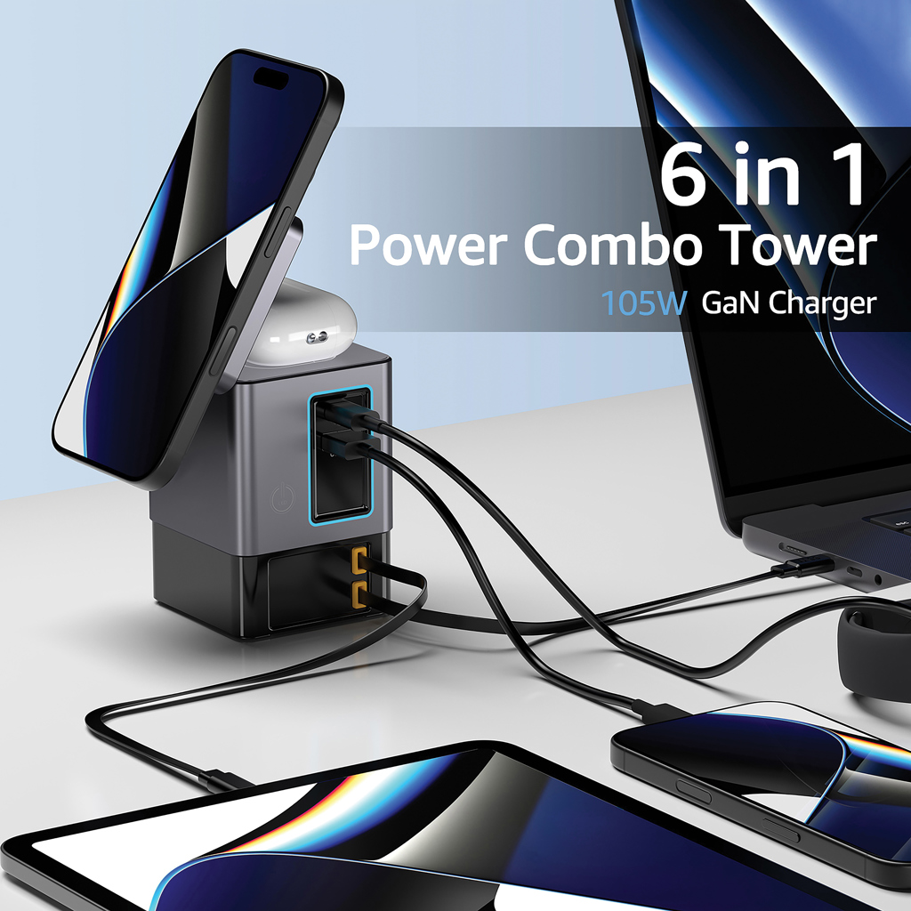 Computer, Elektronik, Pc, Computerausrüstung, Handy, 6-in-1, Power, Combo, Tower, Ladegerät, 6 in 1, Power Strip, GaN Charger, Wireless Charger, Tower Charger, Ladegerät, Ladestation, 6-in-1, GaN-Charger, Power-Tower