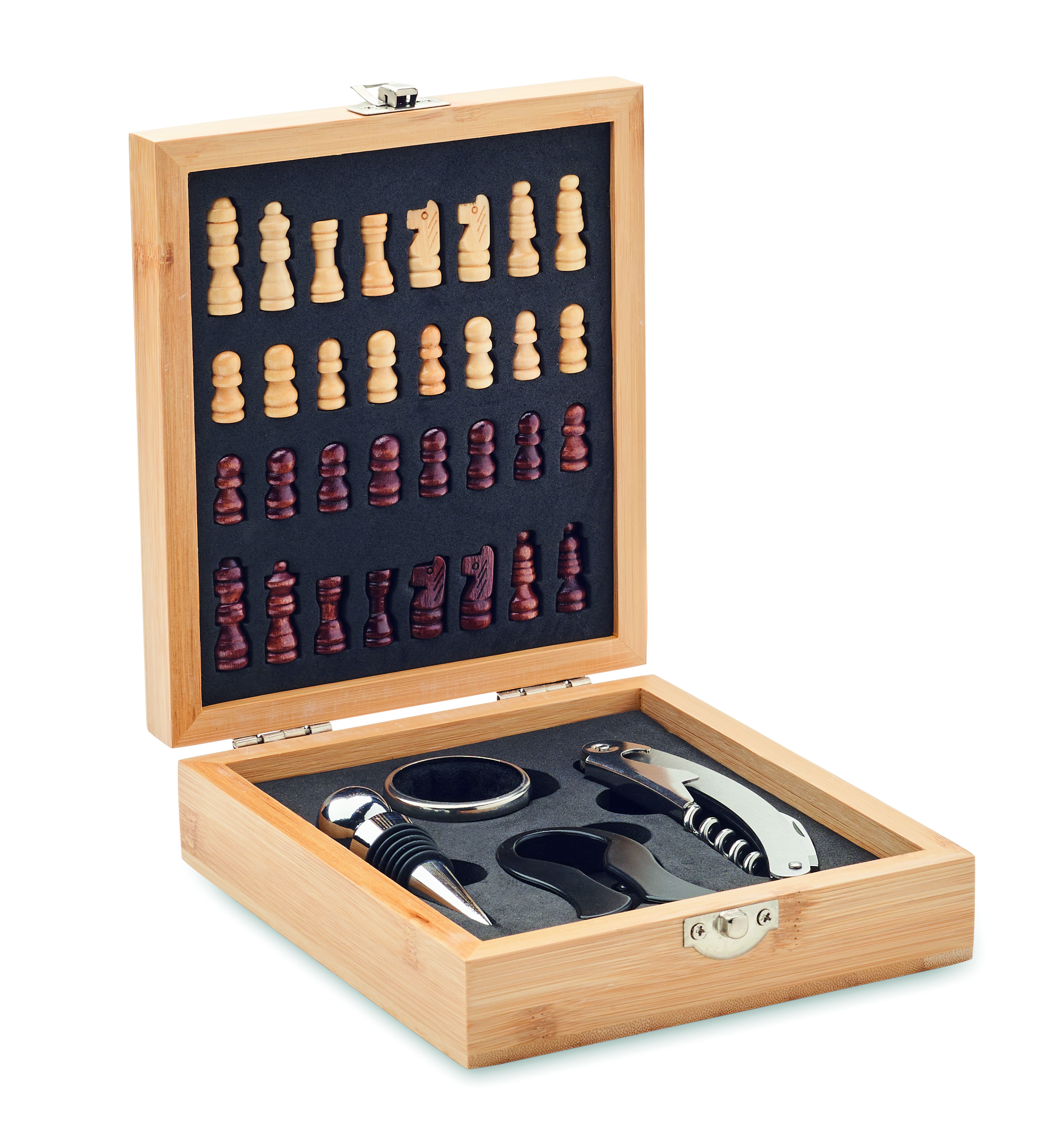 Schachspiel, Schachbrett, Set, Holzkiste, Figuren, Schachset, Schachfiguren, Schachbox, Holzschach, Wein- bzw. Kellerei-Accessoire, Schachset, Schachbox, Holz, Schwarz/Weiß, Zubehörset