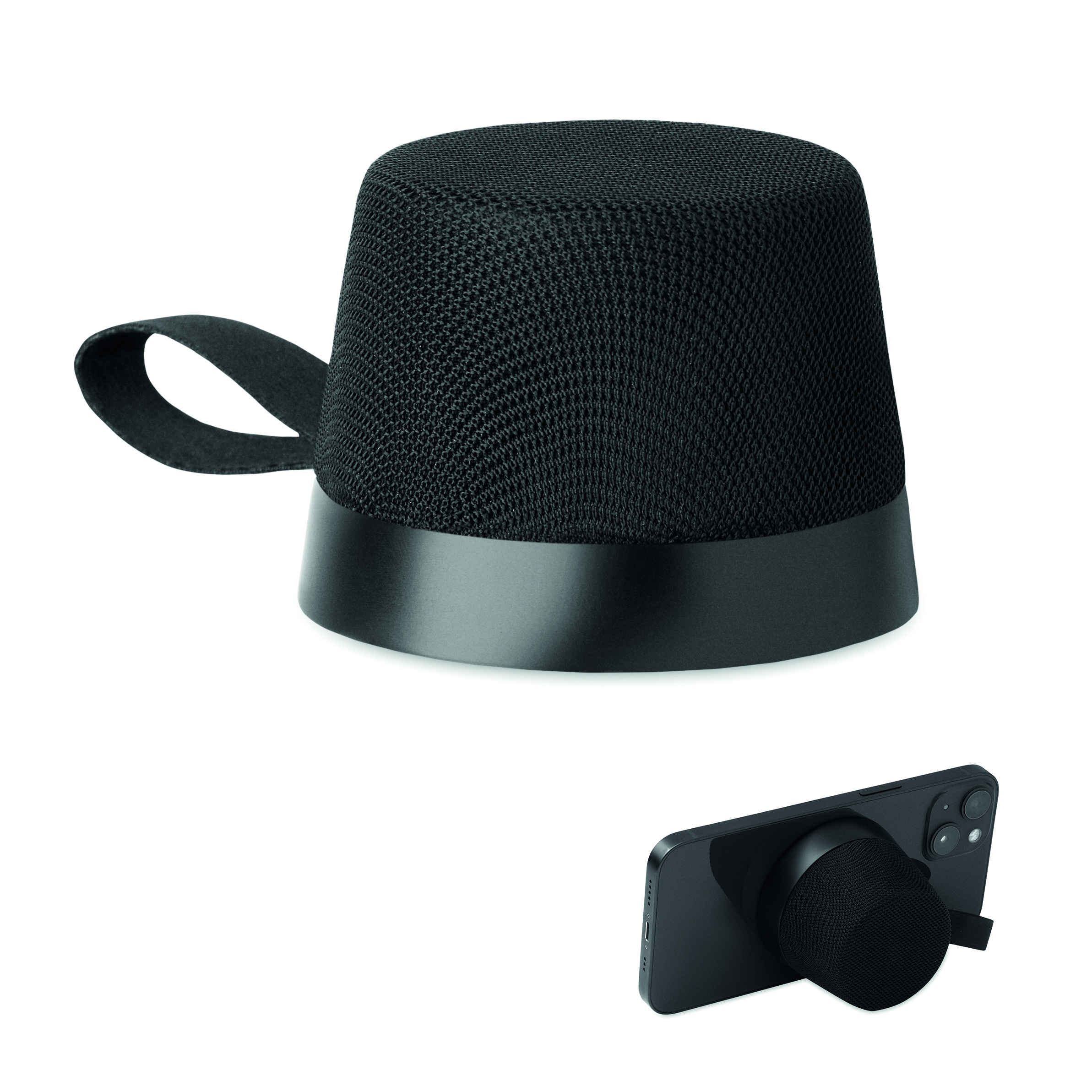Bluetooth-Lautsprecher, Tragbarer Lautsprecher, Gewebemesh, Schwarz, Telefonhalter-Zubehör, Hut, Bluetooth-Lautsprecher?, Smartphone-Halter?, Kopfhörerhalter?, Kugelformiger Lautsprecher