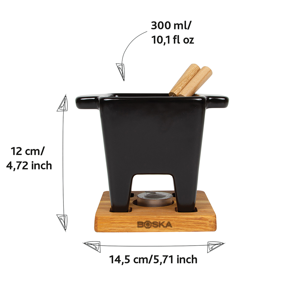 Käsefonduepfanne, Mini-Käsefondue, Holzunterlage, Schwarz, Rührlöffel aus Holz, Tafelgrill, Holzständer, Mini-Grill, Topfhalter, Grill-Set, raucherpfanne, holzsockel, metalltopf, kaminraucher?, handwerk?