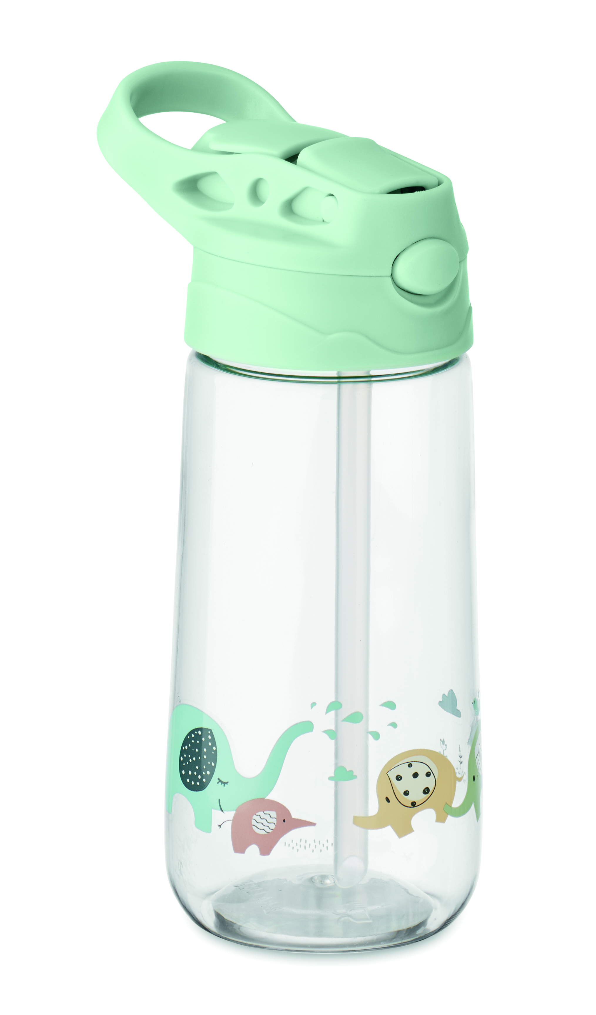 Trinkflasche, Wasserflasche, Kinderflasche, Grün, Durchsichtig, Trinkflasche, Wasserflasche, Kunststoff, Grün, Tiermuster, Trinkflasche, Kinder, Pusteflasche, Silikonverschluss, Motivdruck