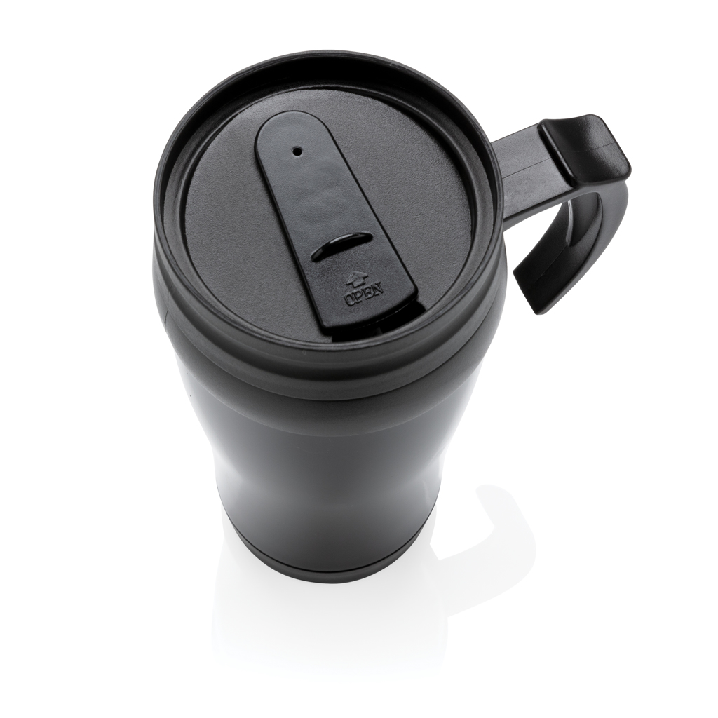 Pokal, Elektronik, Thermobecher, Travel-Mug, Druckverschluss, schwarz, Kaffeebecher, Reisebecher, Thermobecher, Schwarz, Deckel mit Ventil, Auslaufsicher, Kaffeebecher, Trinkbecher, Deckel, Schwarz, Kunststoff