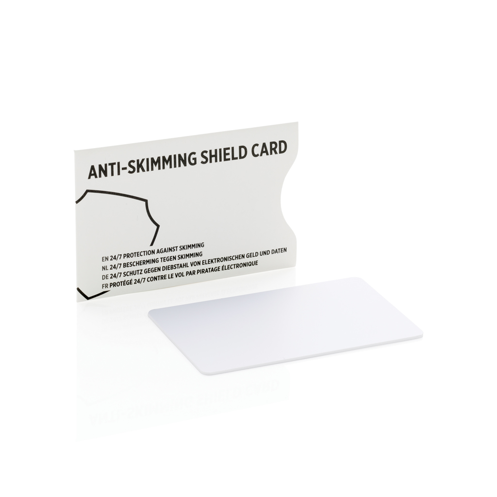 Anti-skimmschield, Schutzkarte, Shield-Karte, Anti-Skim, Karten-Zubehör, Anti-skim Shield, Schutzschild-Karte, Kartenhülle, Weiße Karte, Anti-Skim, anti-skimming shield, shield card, security label, card stand, white card