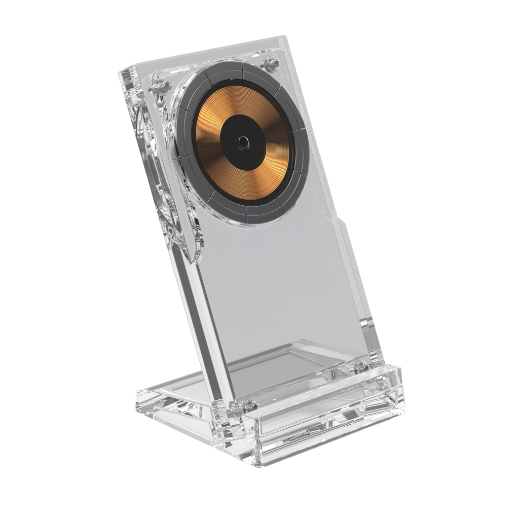 Elektronik, Sprecher, Glasstatuette, Kühlplatte?, Goldene Scheibe, Diskus-Design, Transparentes Gehäuse, glasaward, trophäe, stählerner spiegel, goldene platte, glasklare basis, Kristallglas, Preis, Disc?, Kupferfarbener Lautsprecher, Transparenter Stand