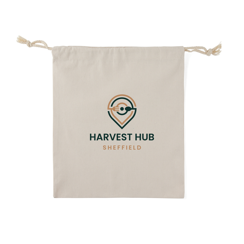 drawstring bag, cotton bag, logo bag, harvest hub, sheffield, drawstring bag, canvas bag, Harvest Hub logo, beige bag, eco-friendly bag, drawstring bag, canvas bag, logo, harvest hub, sheffield