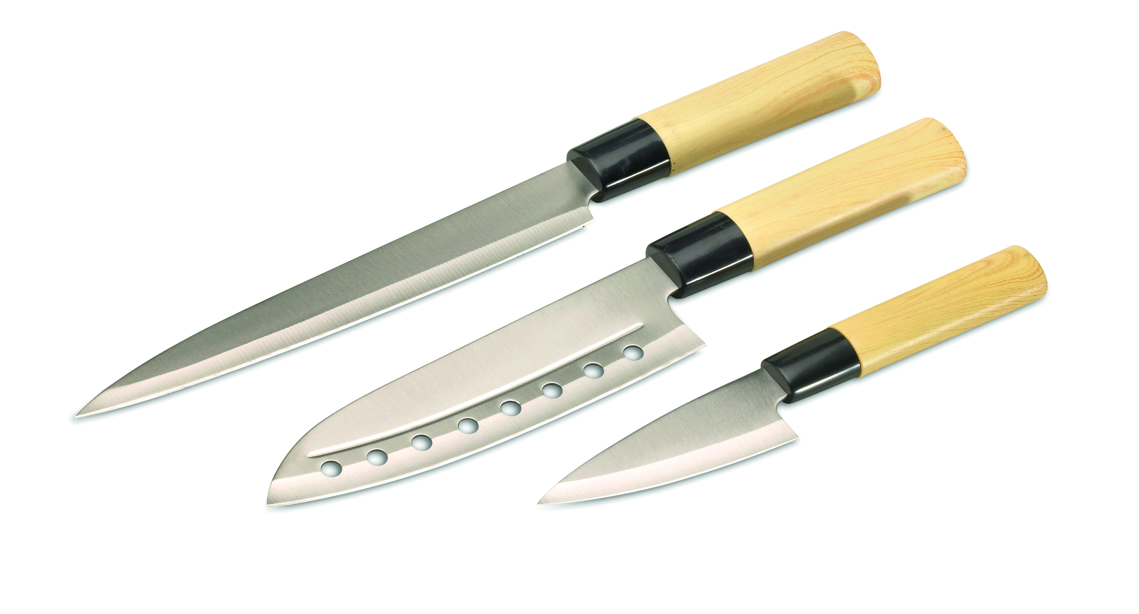 Küchenmesserset, Kochmesser, Santoku-Messer, Edelstahl, Holzgriff, Kochmesser, Messerset, Schneide, Stahlklinge, Holzgriff, Chef knife, Santoku, Stainless steel blade, Wood handle, Knifemanufacturer not visible