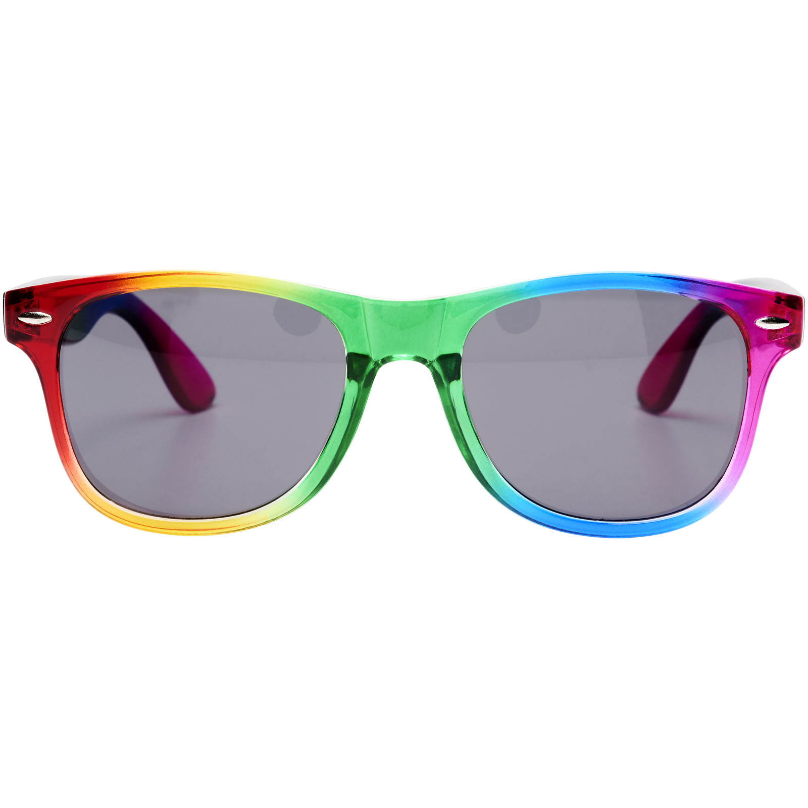 Sonnenbrille, Regenbogenrahmen, Bunt, Farbenfroh, Brillengestell, Sonnenbrille, Rainbow, Rahmen, Gläser grau, Nasensteg, Sonnenbrille, Regenbogenfarben, Rundrahmen, Grau getönt, Kunststoffrahmen