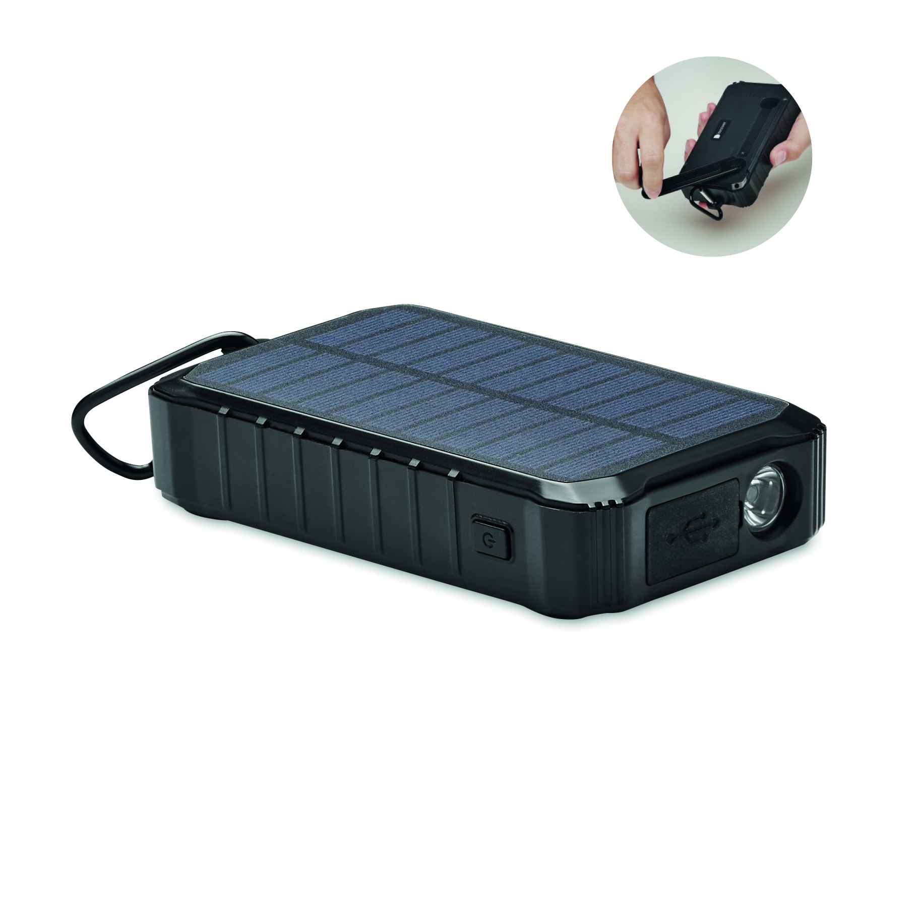 Solarladegerät, Powerbank, Solarpanel, LED-Lampe, USB-C/USB-Port