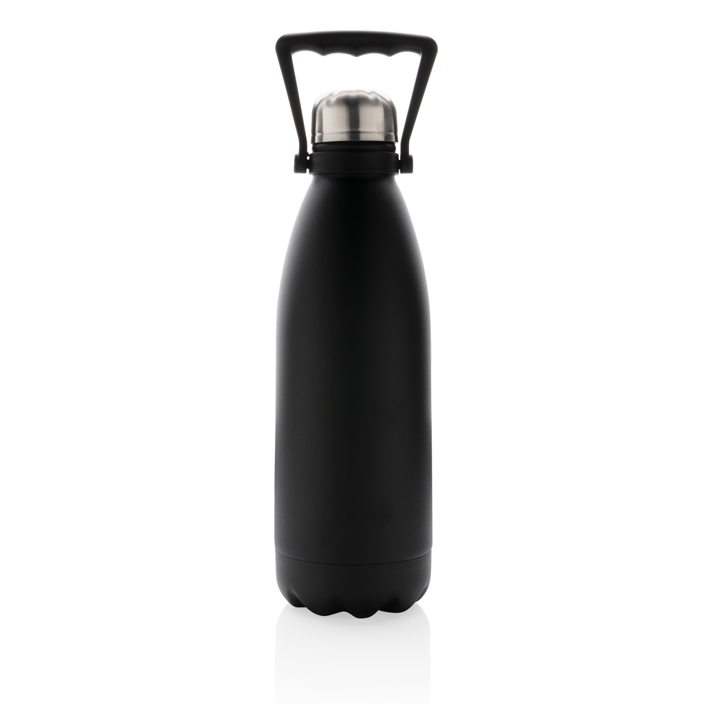 Flasche, Wasserflasche, Stahldeckel, Trinkflasche, matte schwarz, Flasche, Thermoflasche, Edelstahl, Schwarz, Tragesystem, Trinkflasche, Wasserflasche, Metallkappe, Schwarz, Kegelförmiger Flaschenkörper