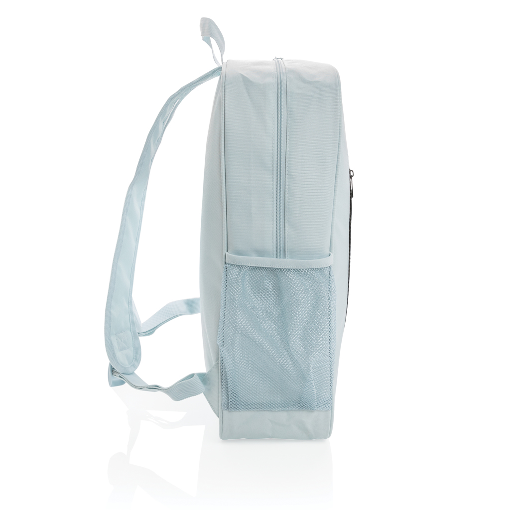 Rucksack, Backpack, Schulranzen, Seitenfächer, Gurtband, Schulrucksack, Rucksack, Mesh-Außentasche, Reissverschluss, hellblau, Schulrucksack, Rucksack, Seite Ansicht, Mesh-Seitentasche, Pastellblau