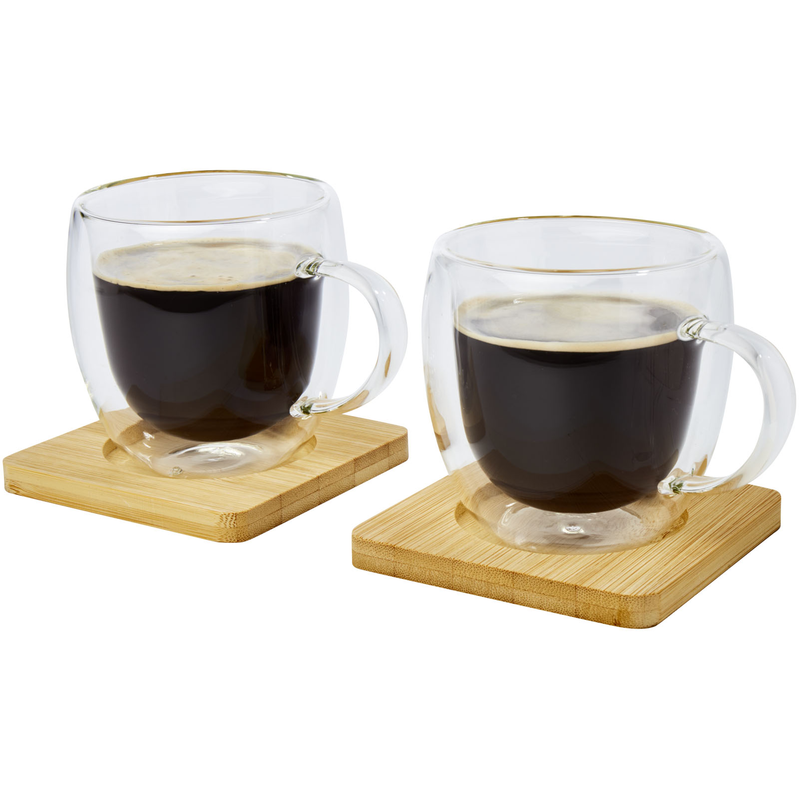 Kaffeebecher, Doppel-Set, Glasbecher, Holzuntersetzer, Espresso