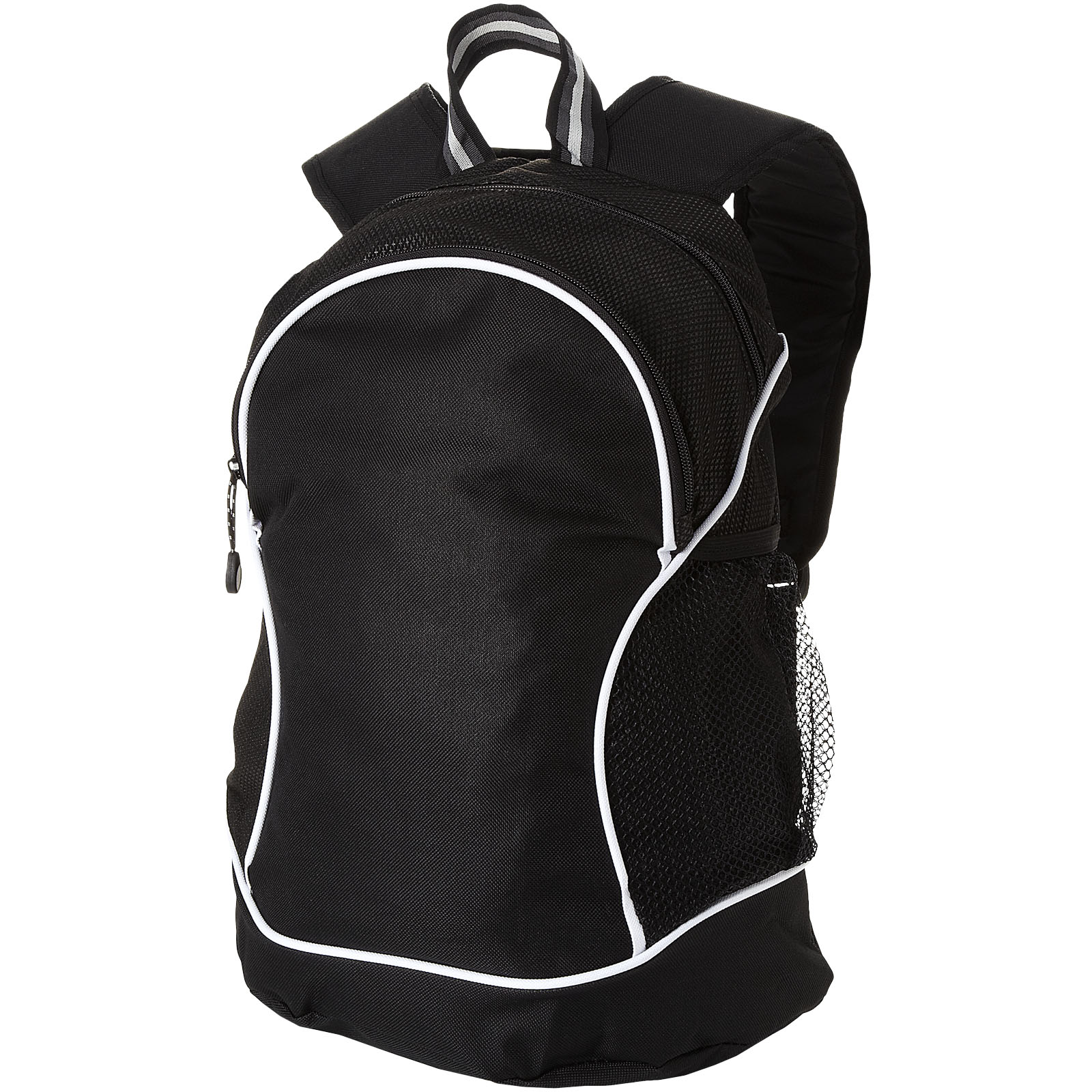 Rucksack, Backpack, Schwarz, Netzseitentasche, Reißverschluss, Rucksack, Schultergurte, Mesh-Seitentasche, Schwarz, Reisetasche, Rucksack, Schultasche, Schwarz, Mesh-Seitentasche, Kordelzug