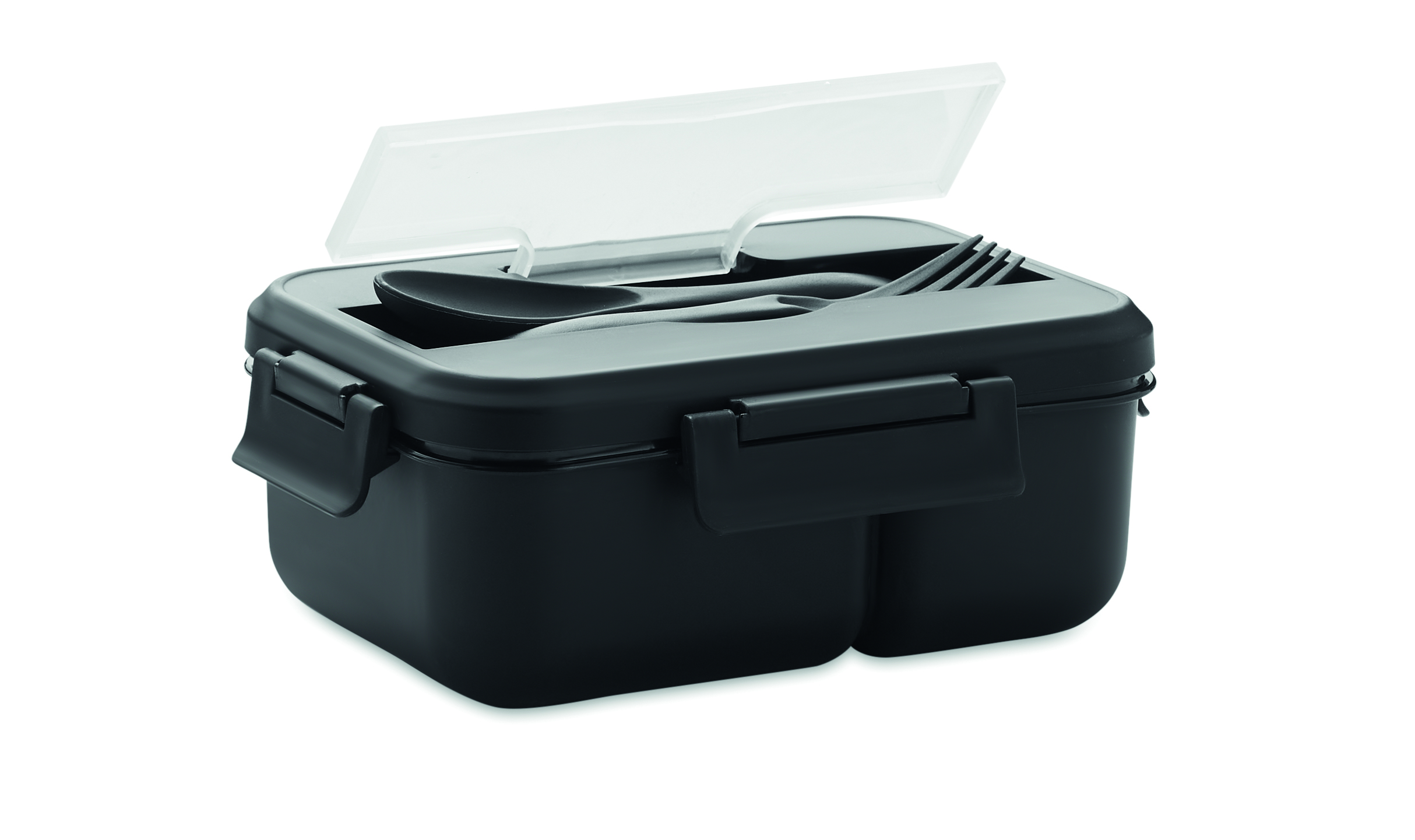 Lunchbox, Brotdose, Plastikbehälter, Schwarz, Besteck-Set