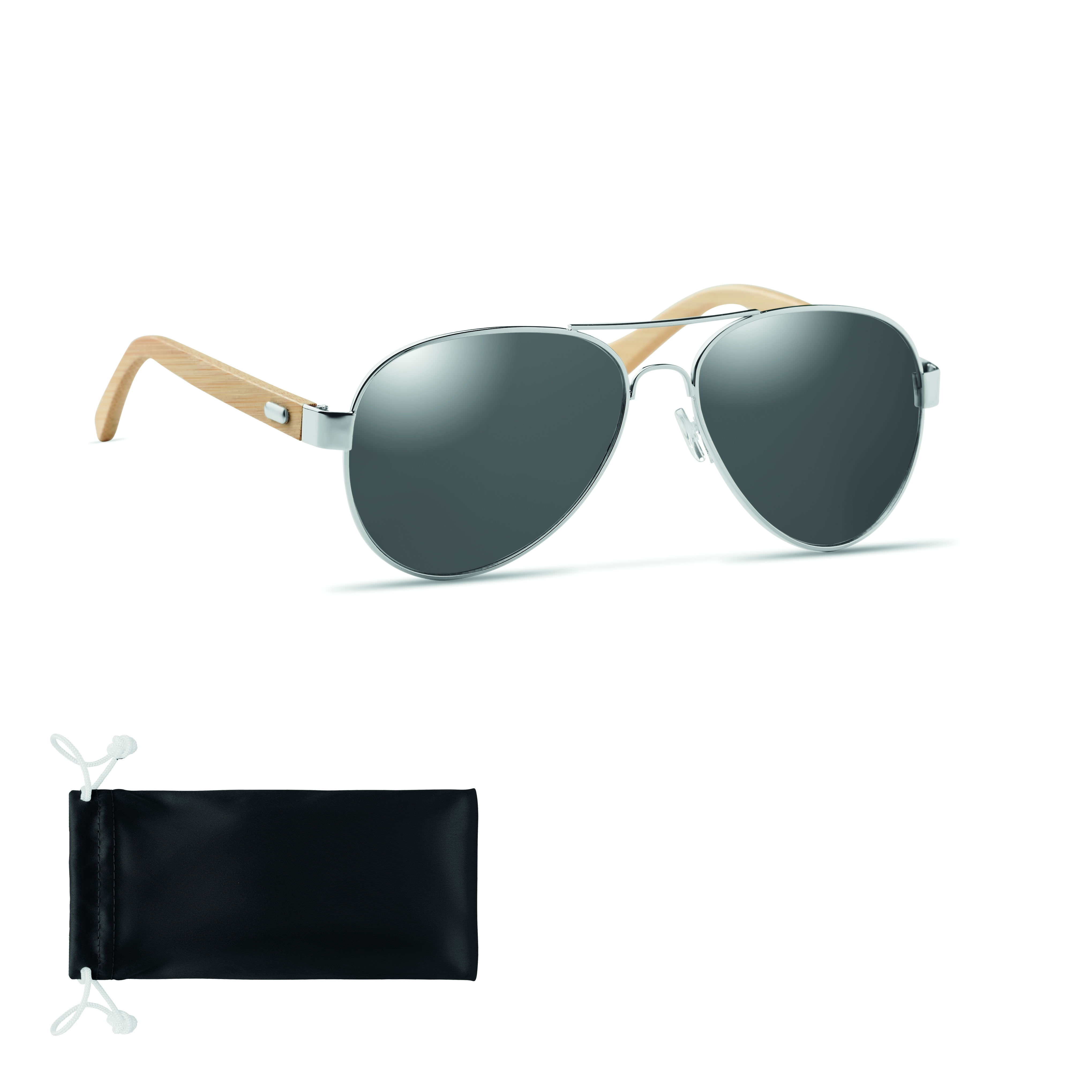 Sonnenbrille, Aviator, Metallrahmen, Holzbügel, graue Gläser, Sonnenbrille, Metalrahmen, Holzarm, graue Gläser, Aufbewahrungstasche