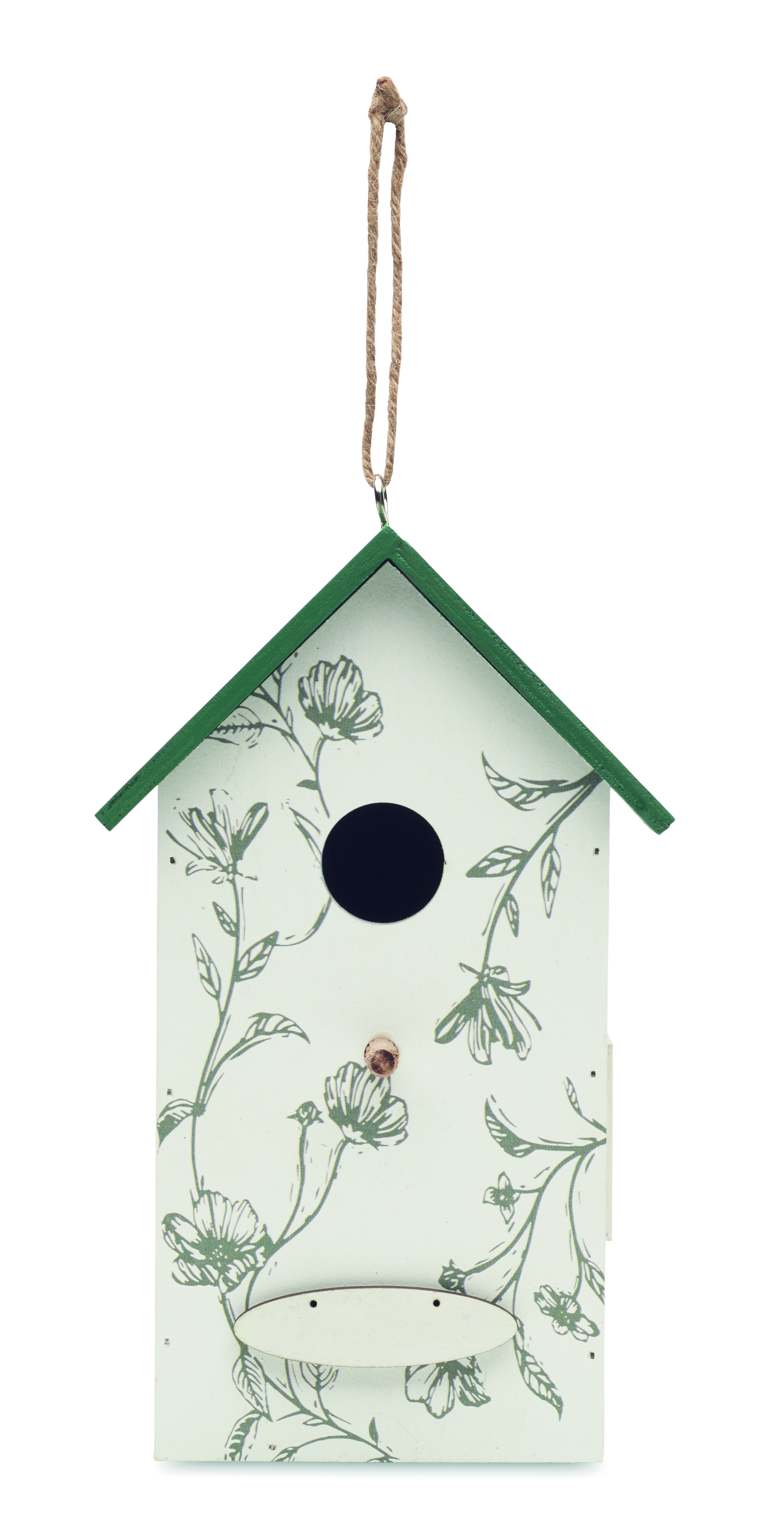 vogelhaus, vogelfutterhaus, futterhaus, holzhaus, gärtnerbedarf, Vogelhaus, Weißes Vogelhaus, grünes Dach, Aufhängekordel, Blumenmuster, Vogelhaus, Garten, Grün, Blumenmuster, hängende Dekoration